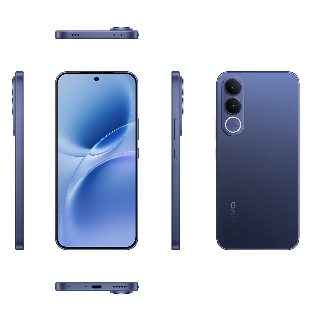 Üç kameralı mavi akıllı telefon, ön ve arka görünümler.