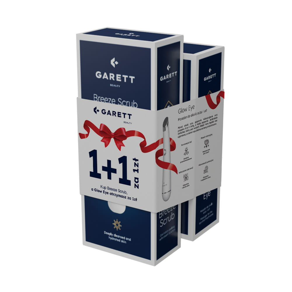Dwa produkty Garett Beauty: Breeze Scrub i Glow Eye, w ofercie "1+1".