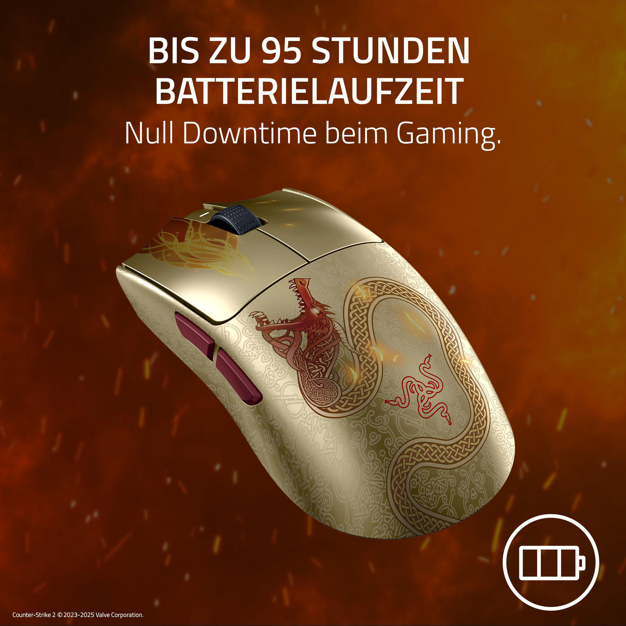 Goldene Gaming-Maus mit Drachenmotiv und Akku-Symbol.