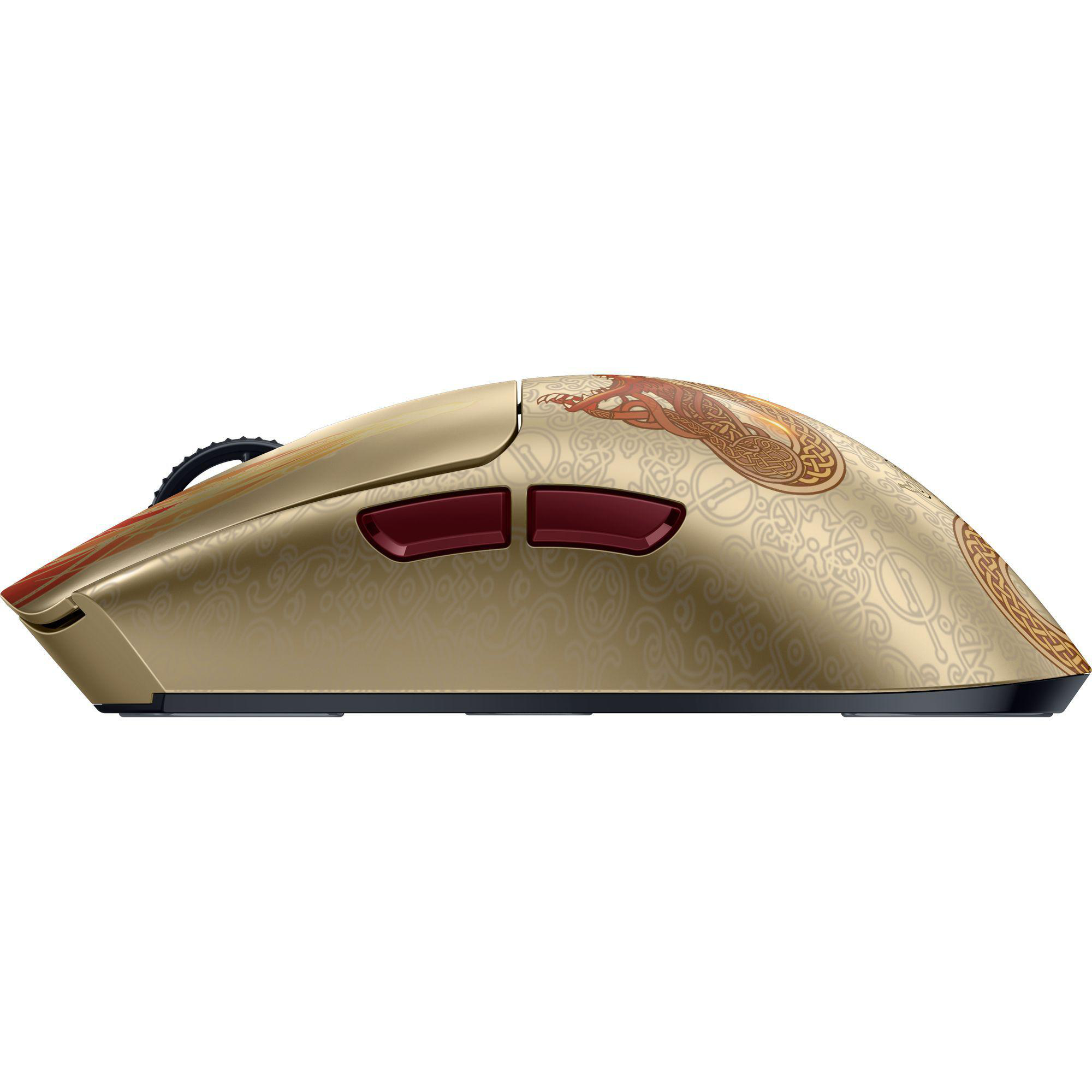 Goldene Maus mit keltischen Drachenmotiven und roten Tasten.
