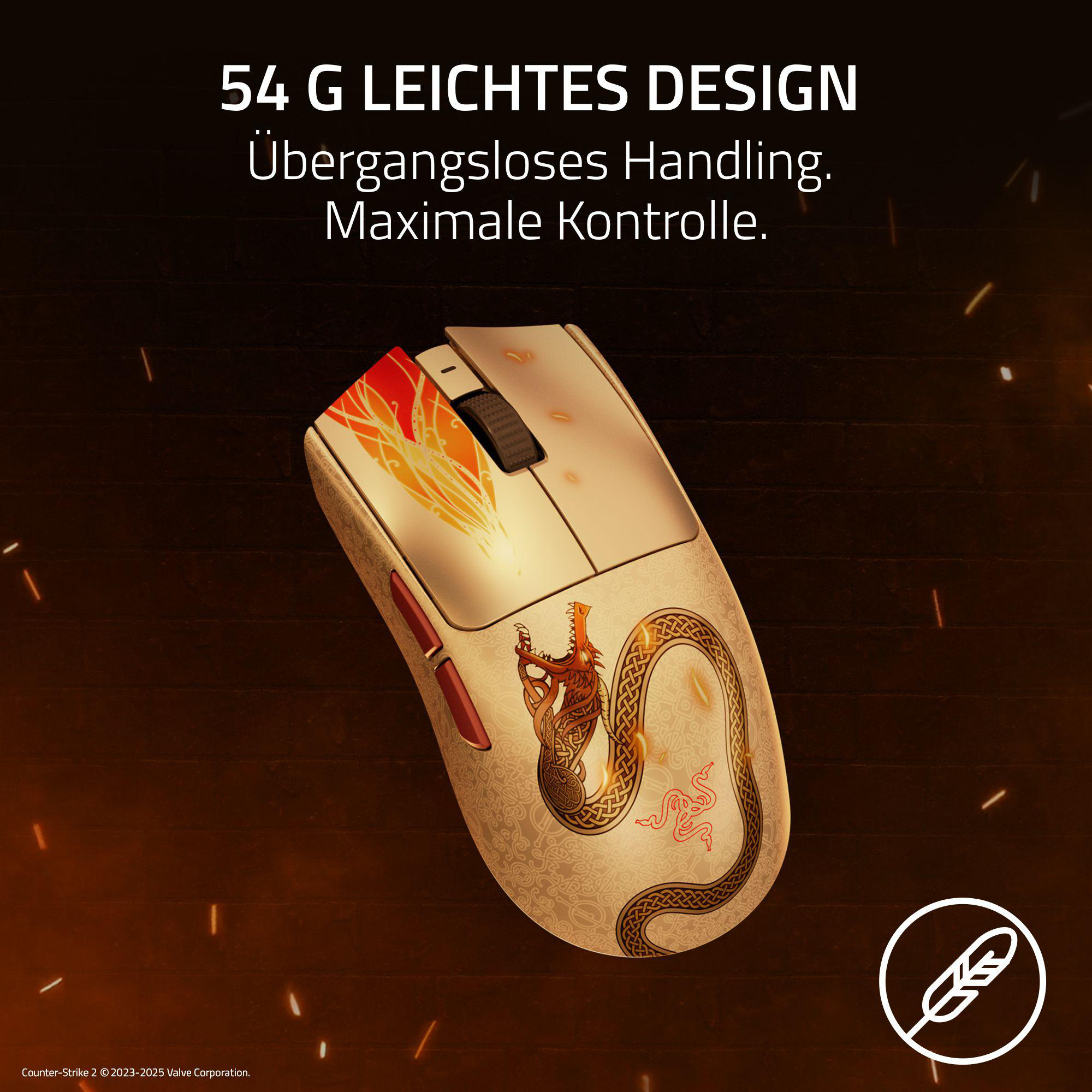 Eine weiße Gaming-Maus mit Drachenmotiv und Flammen.