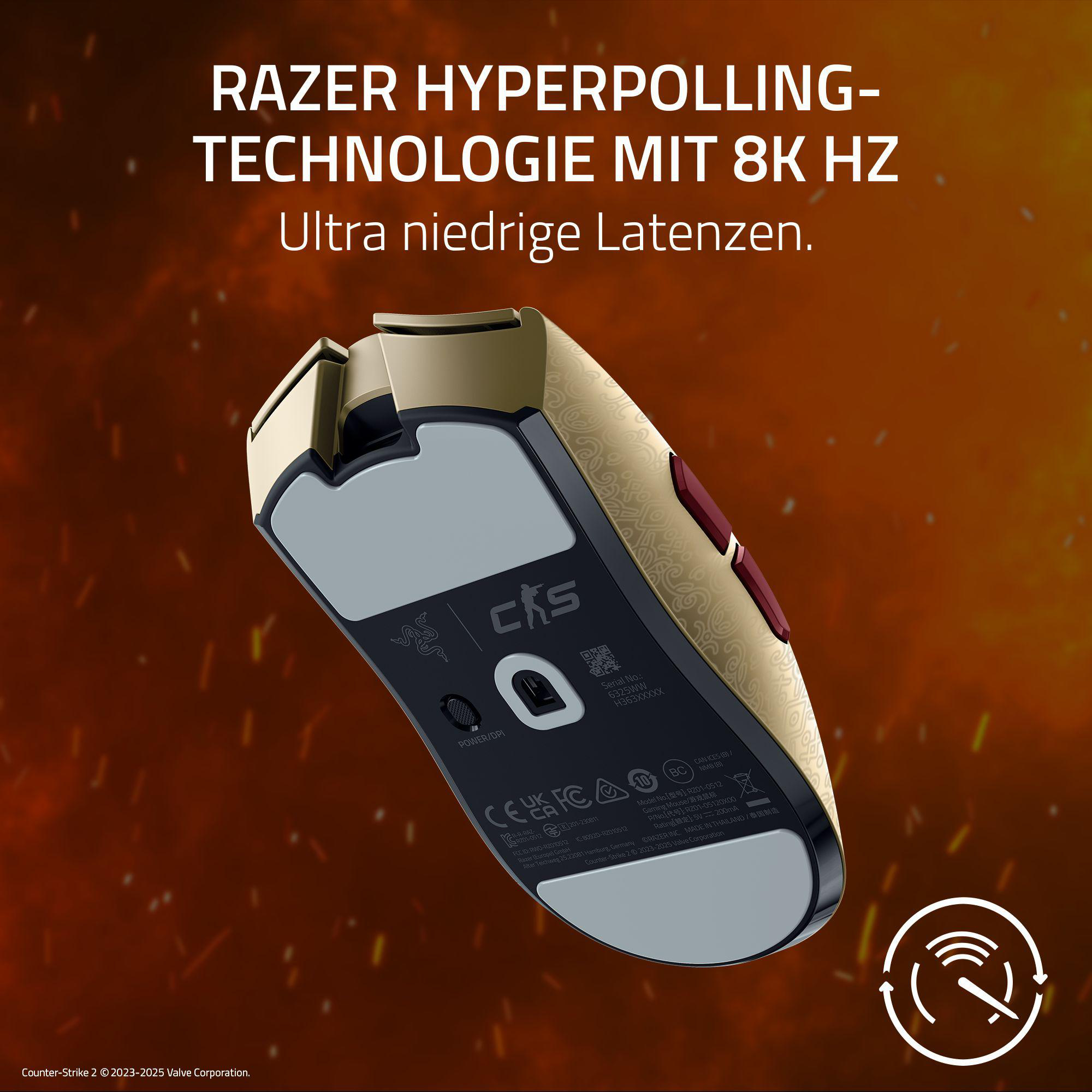 Eine goldene und schwarze Razer Gaming-Maus mit dem Text 'Razer Hyperpolling Technologie'.
