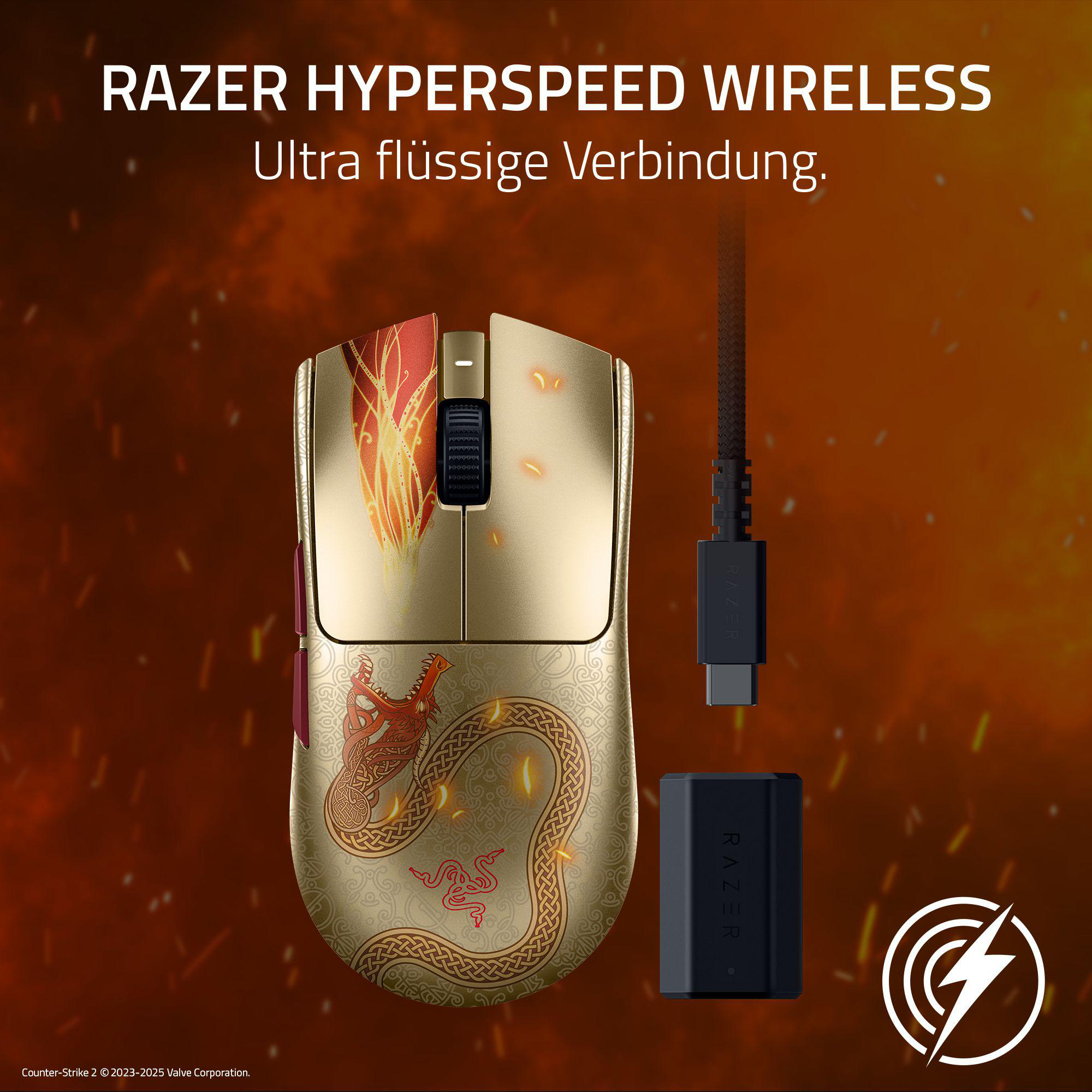 Goldene Razer Maus mit Drachenmuster, USB-C Dongle und Kabel auf orangem Hintergrund.