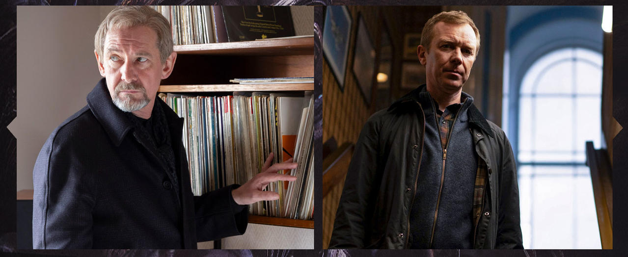 Zwei Männer. Links ein Mann vor einem Regal mit Schallplatten. Rechts ein Mann vor einer Treppe.