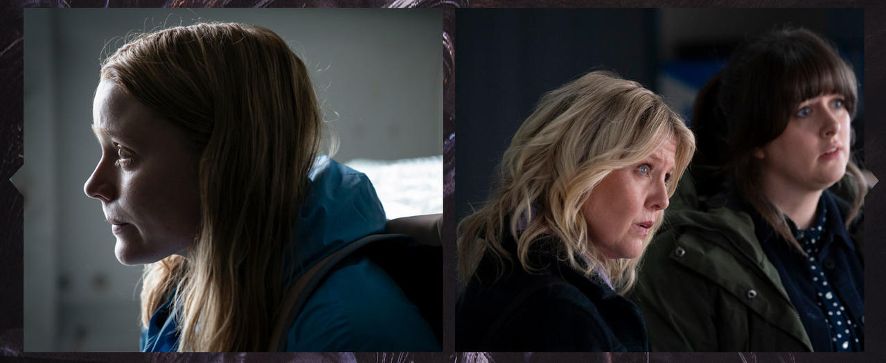Profil einer Frau in Blau, dann zwei Frauen, die nach rechts blicken.