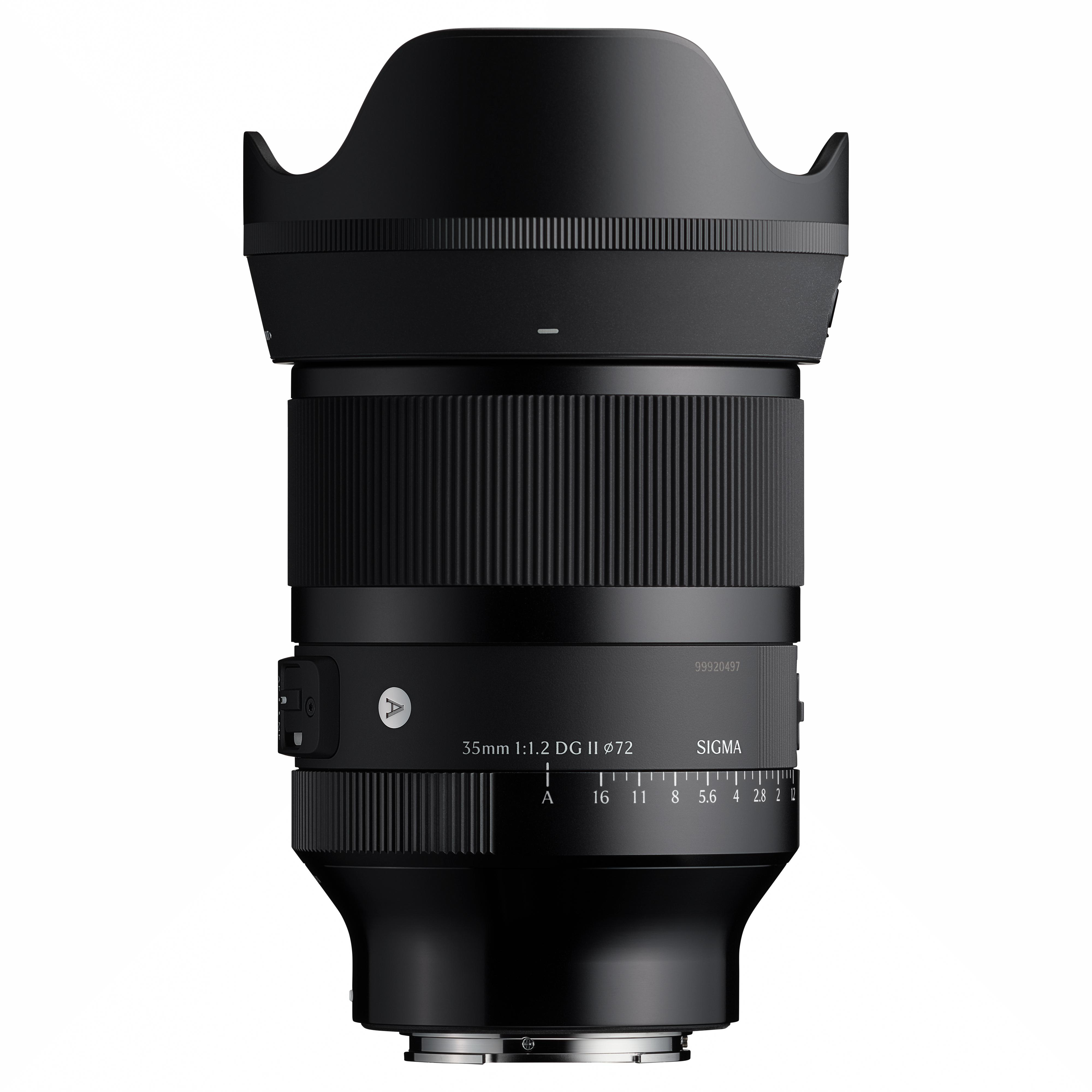 Schwarzes Sigma 35mm 1:1.2 DG II Objektiv mit Gegenlichtblende, Blendenring.