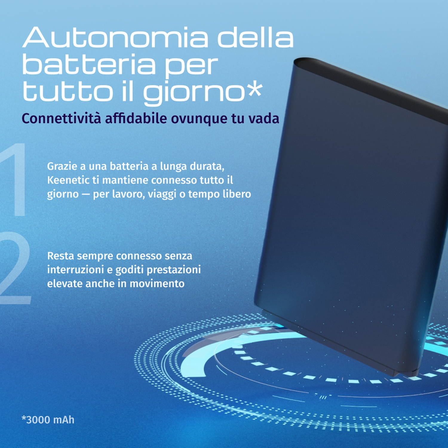 Un dispositivo rettangolare scuro con cerchi blu luminosi e testo. 3000 mAh.