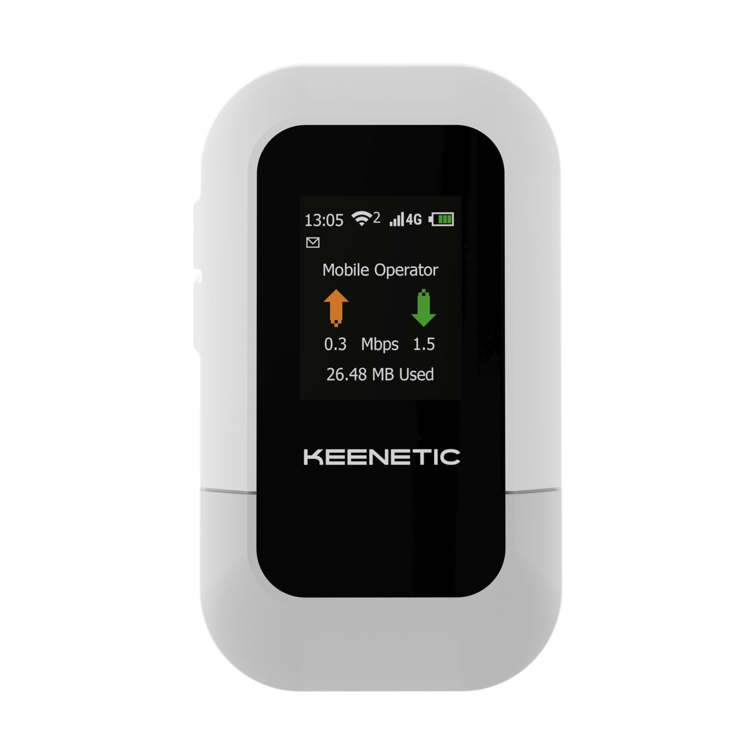 Dispositivo mobile Keenetic bianco con schermo nero mostra segnale 4G e utilizzo dati.