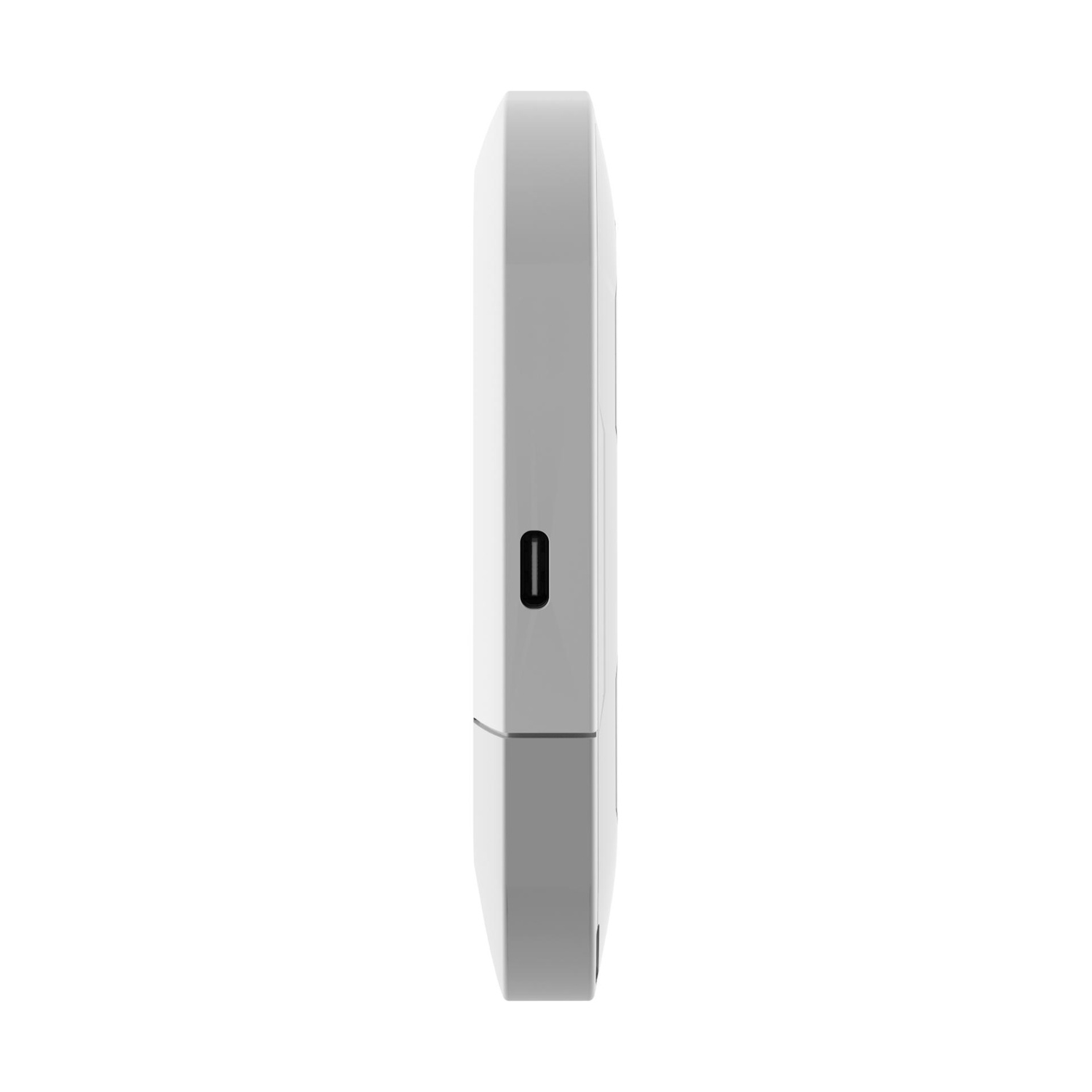 Un dispositivo bianco ed elegante con una porta nera sul lato.