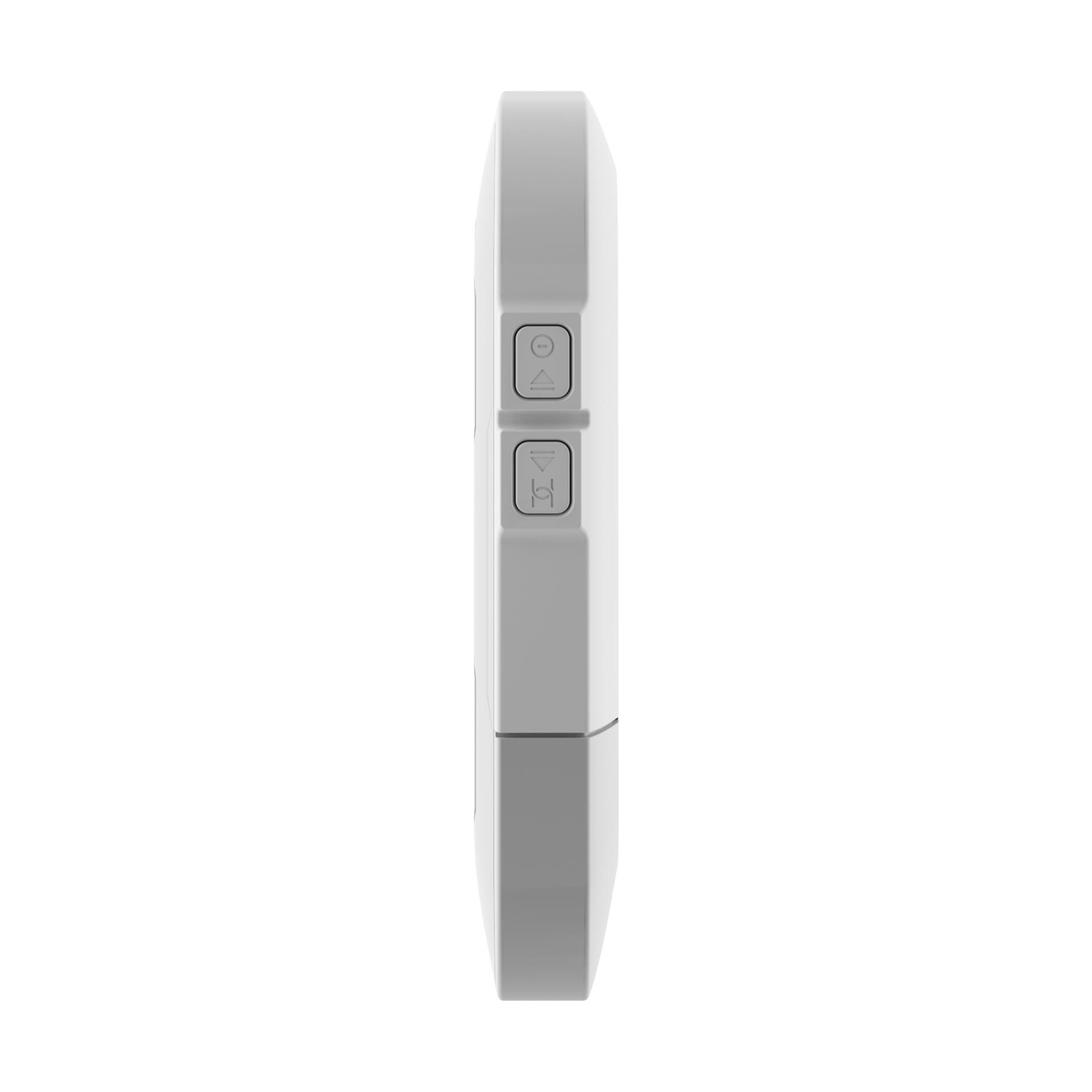 Dispositivo bianco e angolare con pulsanti laterali per volume e riproduzione.