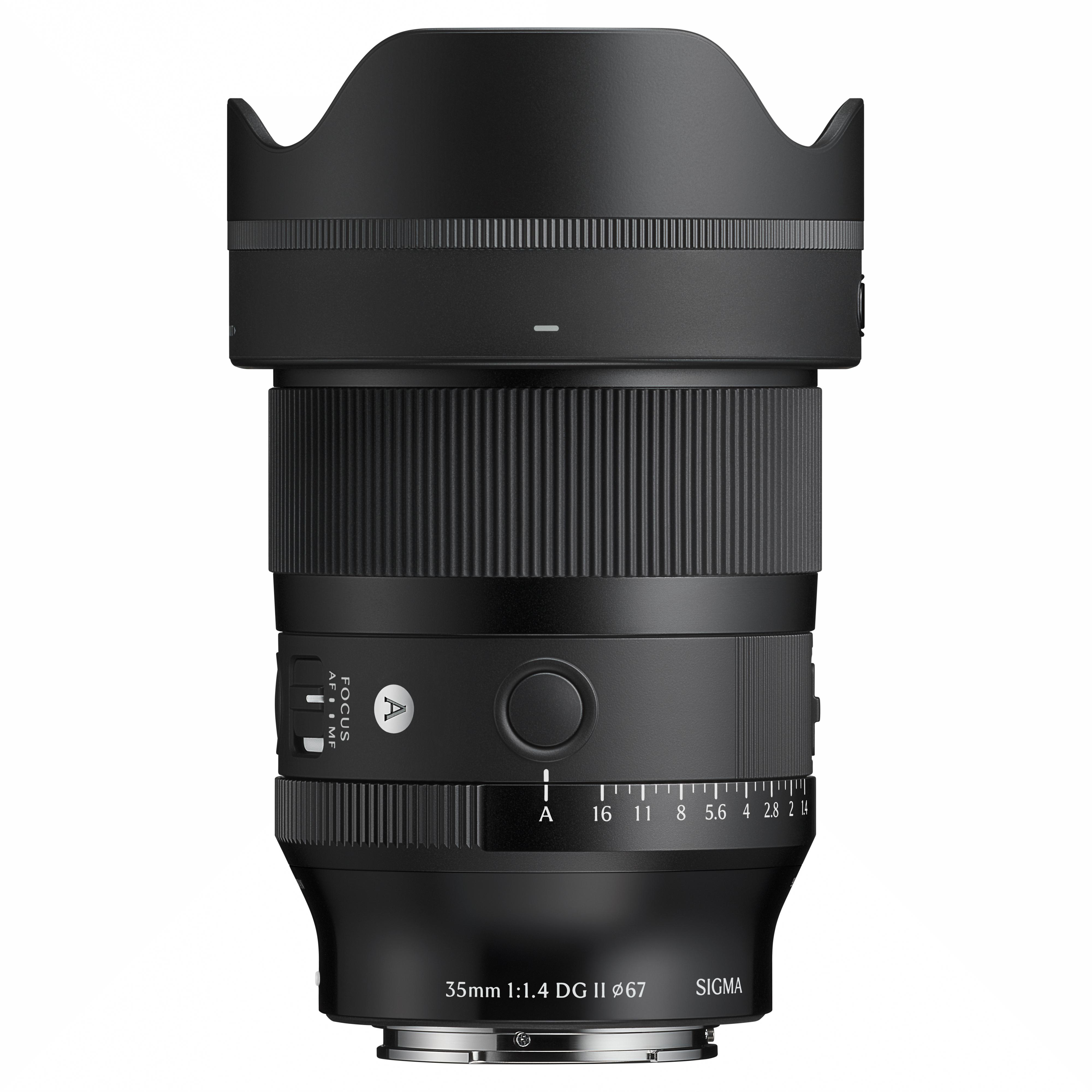 Ein schwarzes Sigma 35mm 1:1.4 DG II Objektiv mit Fokusring und Blendenanzeige.