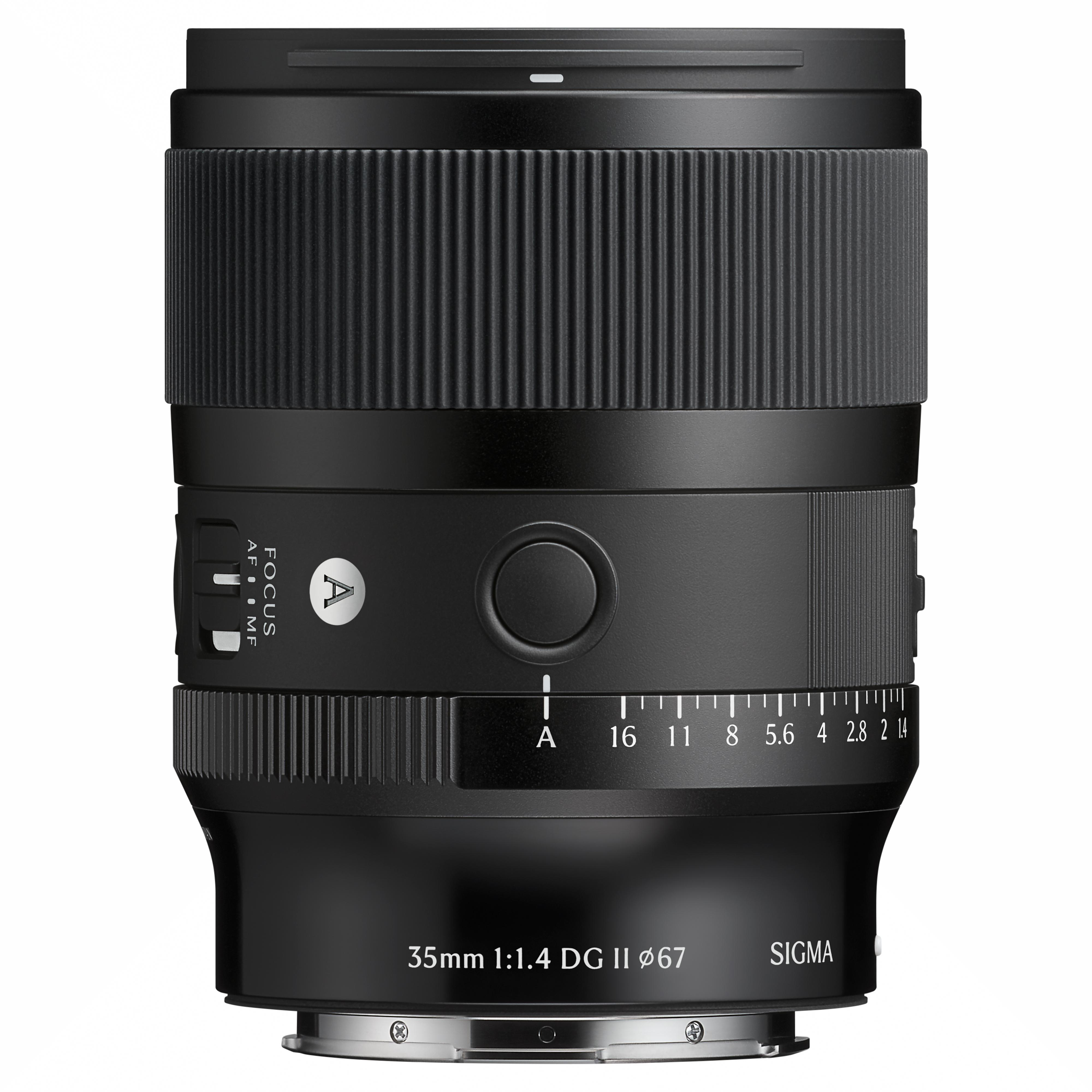 Schwarzes Sigma 35mm 1:1.4 DG II Objektiv mit Fokusring und Blendenmarkierungen.