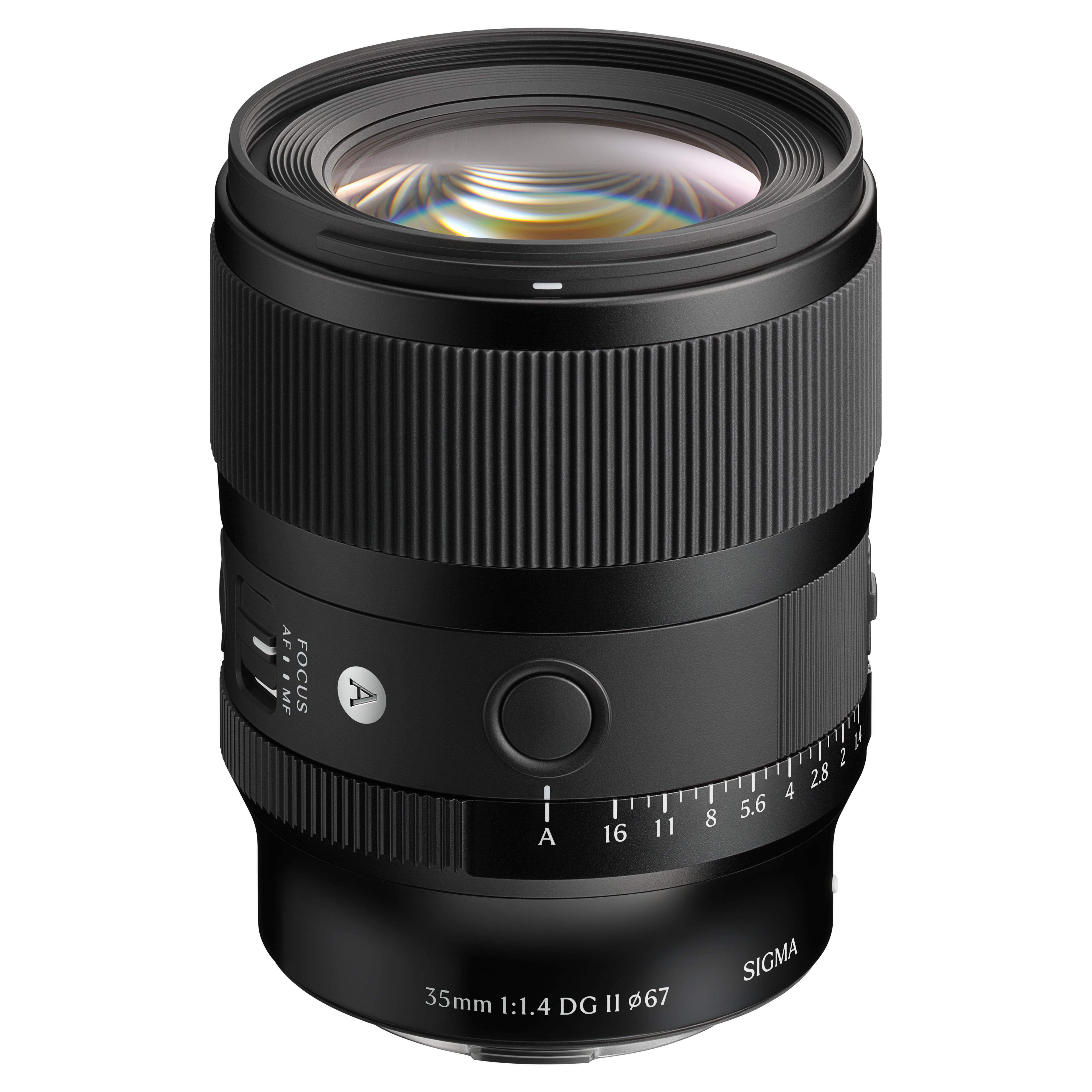 Ein schwarzes Sigma 35mm 1:1.4 DG II Objektiv mit Fokus- und Blendenring.