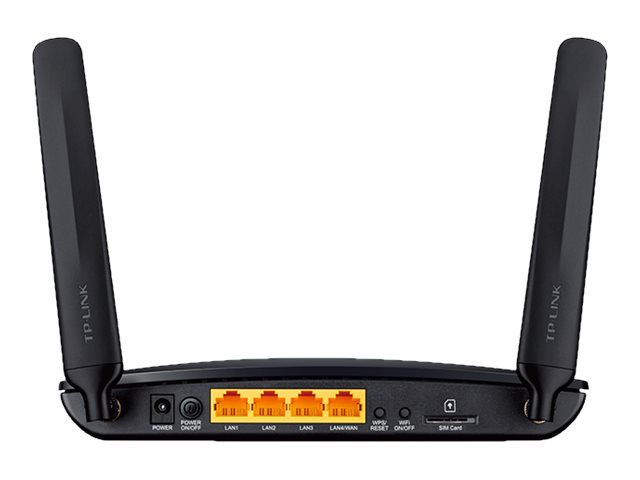 Schwarzer TP-Link Router mit zwei Antennen, vier LAN-Anschlüssen und SIM-Karten-Slot.
