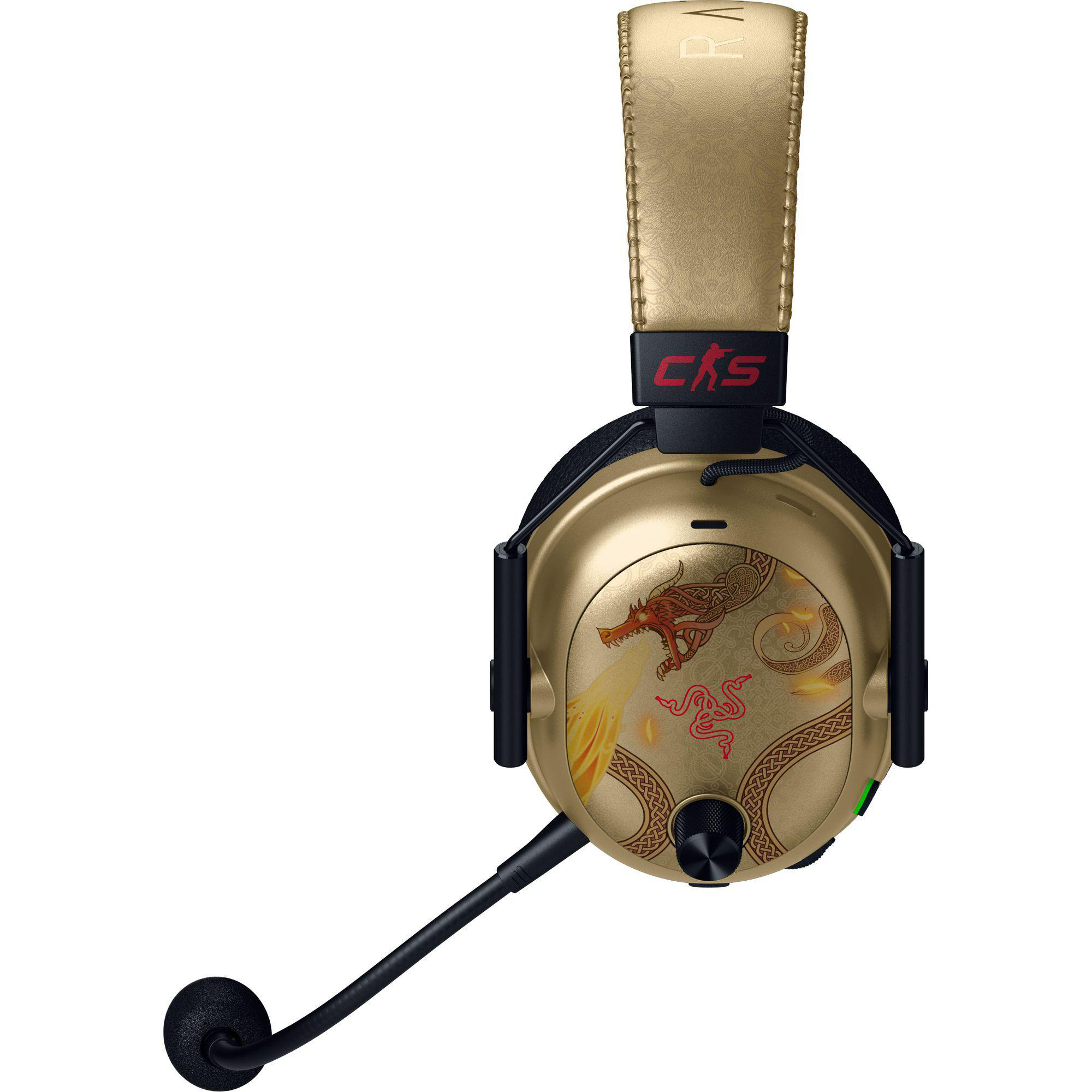 Goldene Kopfhörer mit Drachenmotiv, Mikrofon und Razer-Logo.