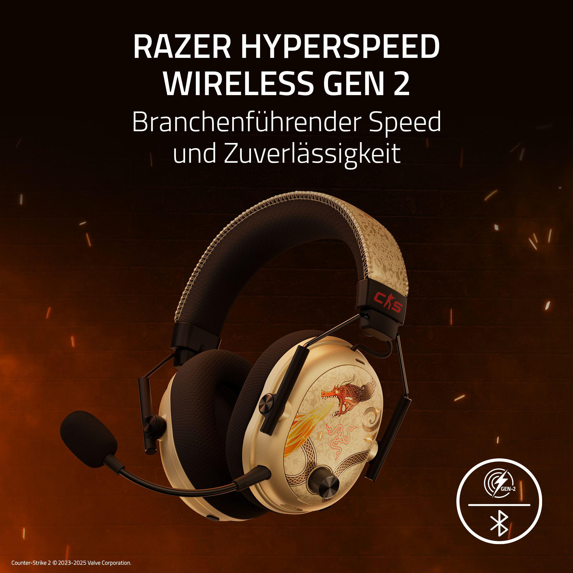 Ein goldener Kopfhörer mit Drachenmotiv und Mikrofon, Text "Razer Hyperspeed".