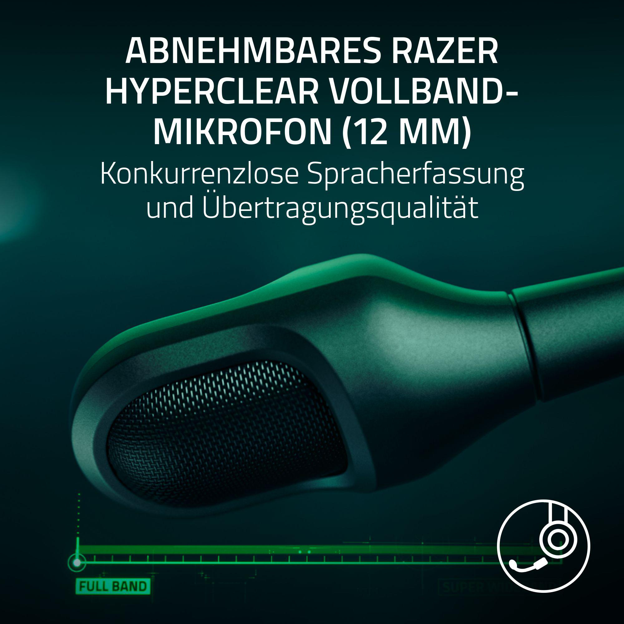 Ein abnehmbares Razer Hyperclear Mikrofon mit Equalizer-Anzeige.