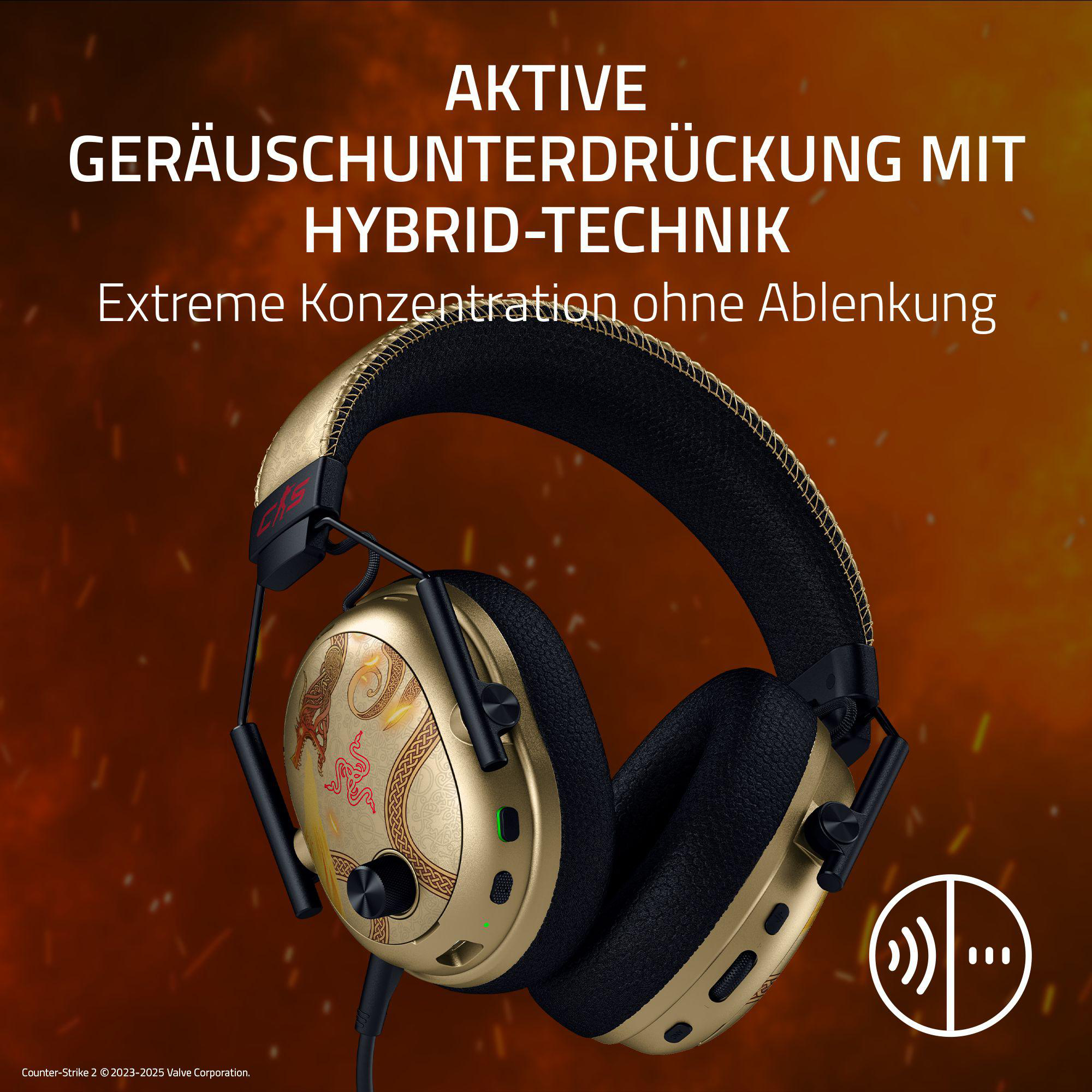 Goldene Kopfhörer mit Drachenmuster und aktiver Geräuschunterdrückung.