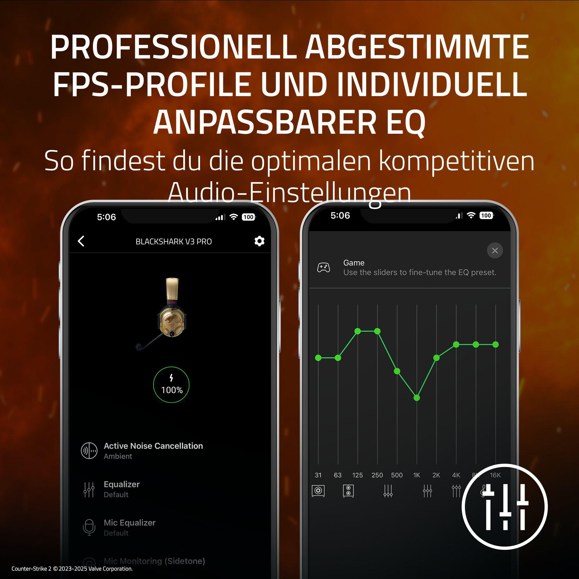 Zwei Handy-Screens zeigen Audio-Einstellungen, Kopfhörer und EQ-Kurve.