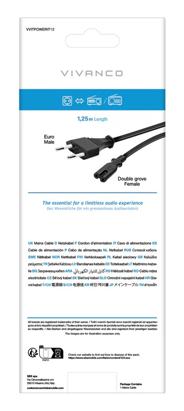 Czarny kabel zasilający z wtyczką Euro i żeńskim złączem.