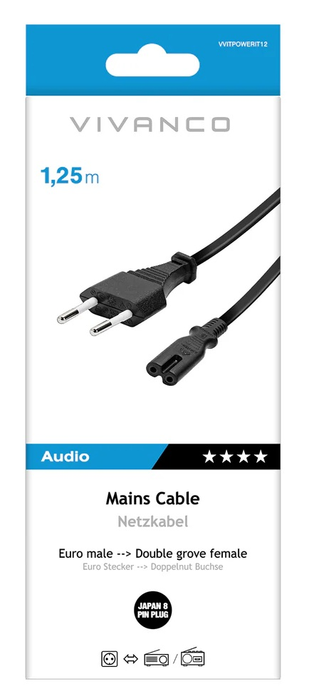 Kabel sieciowy 1,25m z wtyczką euro i podwójnym gniazdem żeńskim.