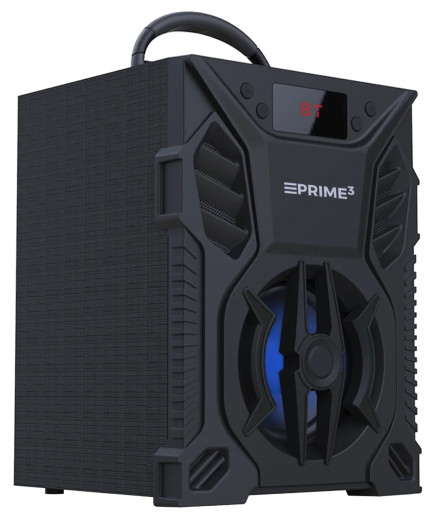 Czarny głośnik Bluetooth z uchwytem i niebieskim podświetleniem.