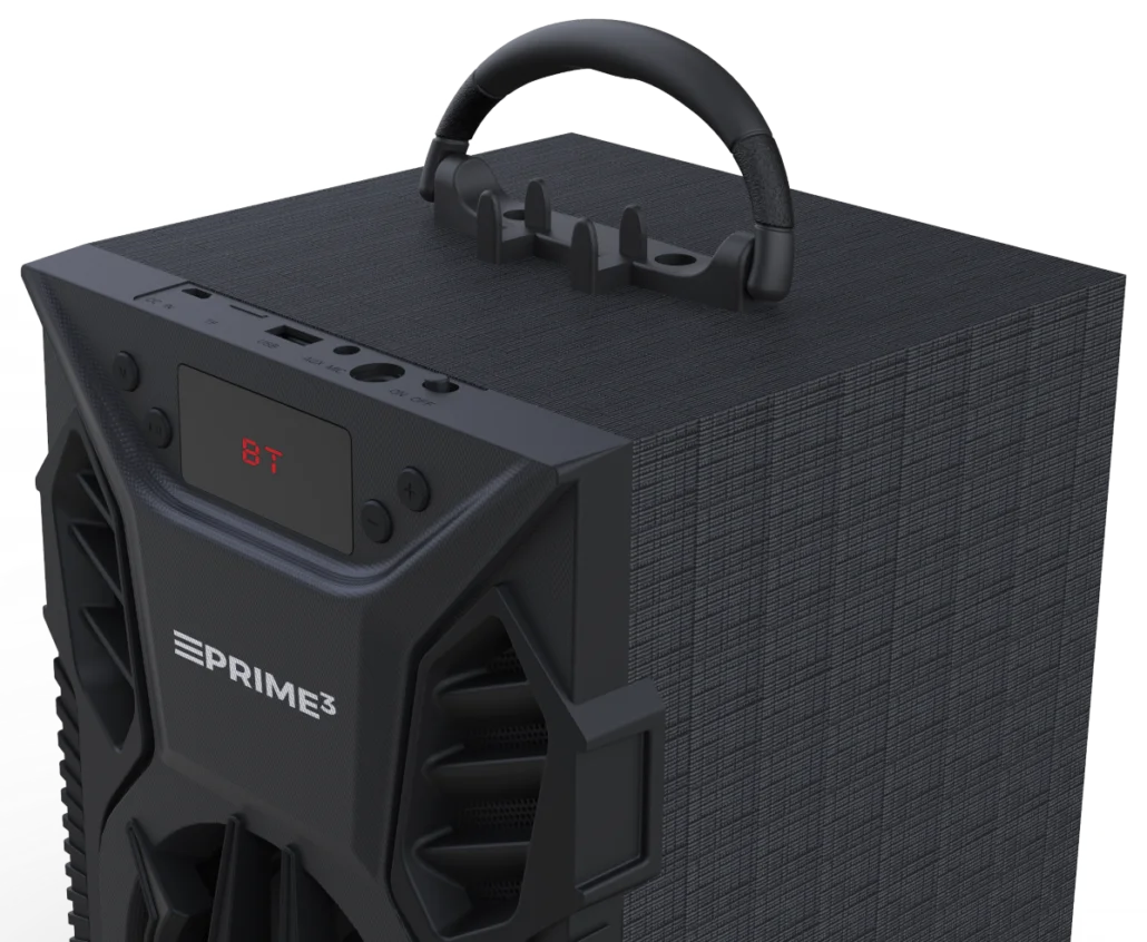 Czarny głośnik Bluetooth z uchwytem i wyświetlaczem cyfrowym.