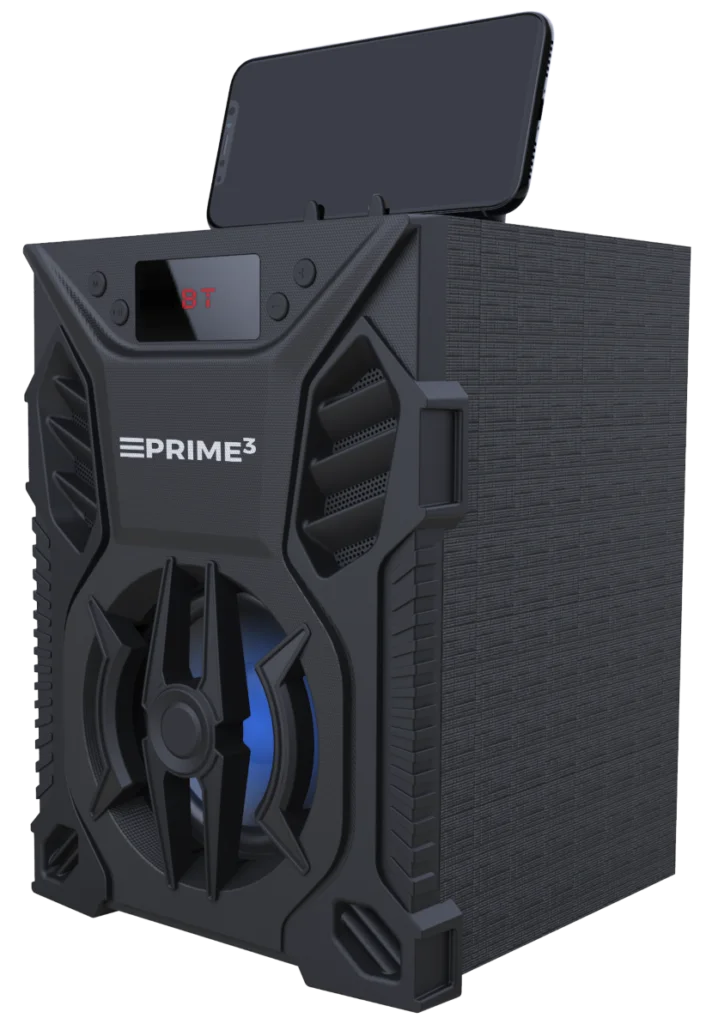 Czarny głośnik z podświetlanym niebieskim subwooferem, iPhone na górze.