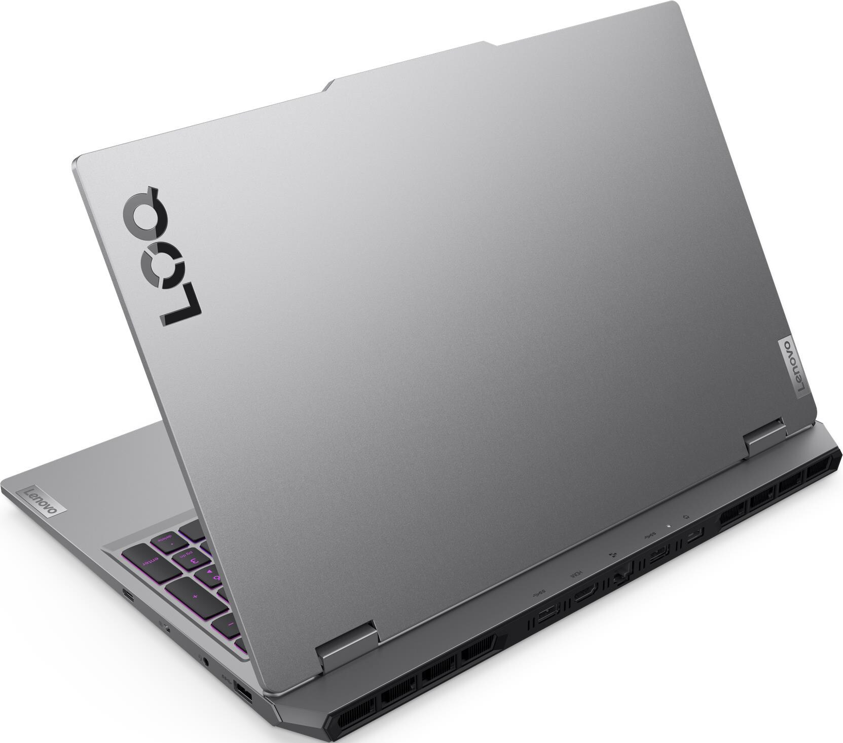 Un ordinateur portable gris avec le logo LOQ et clavier rétroéclairé.