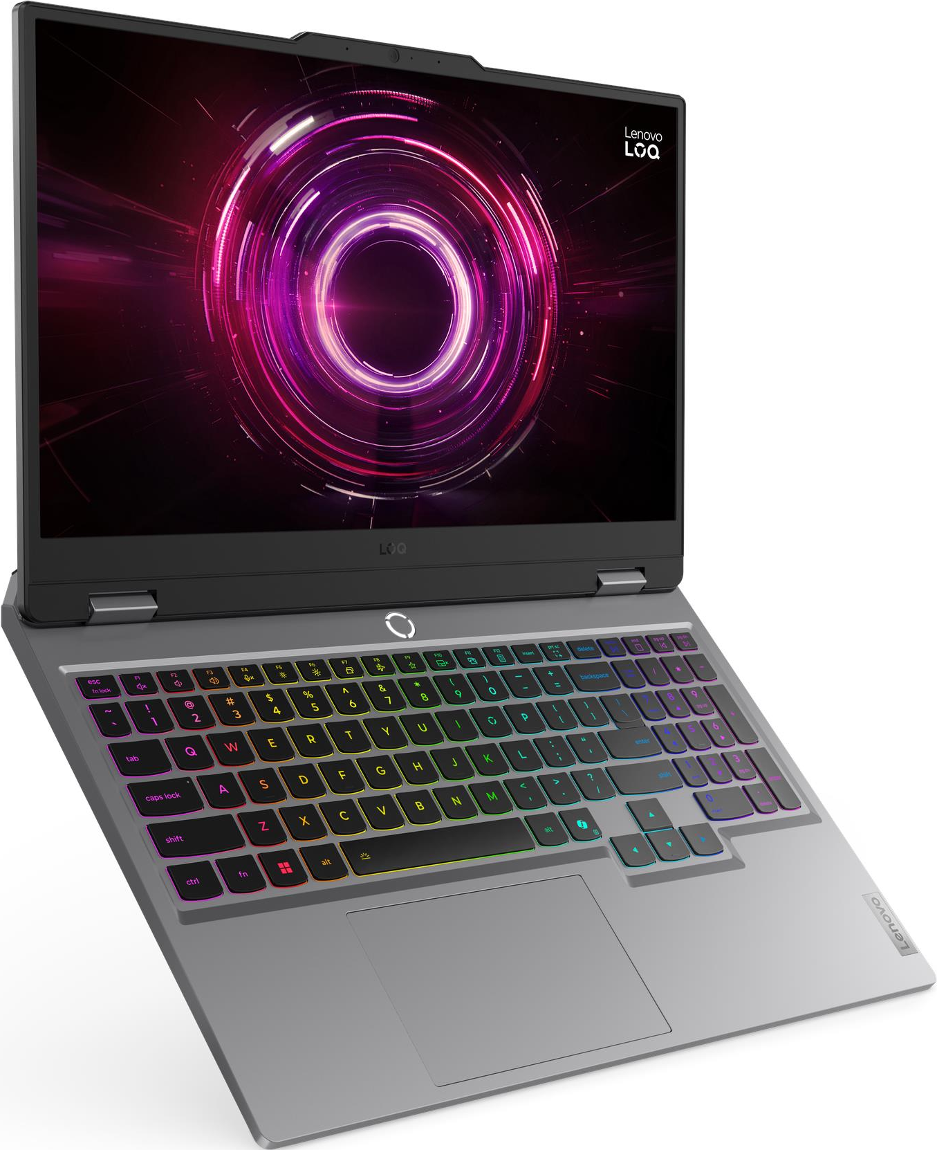 Ordinateur portable gaming Lenovo gris avec clavier rétroéclairé et fond d'écran néon.