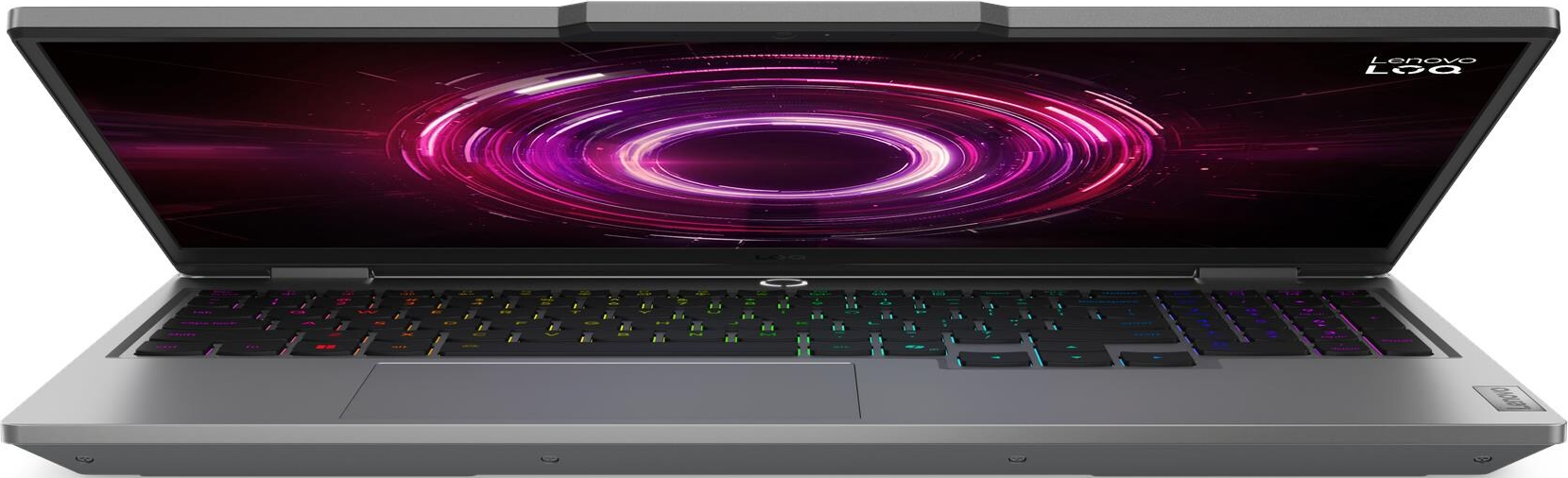 Un ordinateur portable ouvert avec clavier rétroéclairé et fond d'écran abstrait.