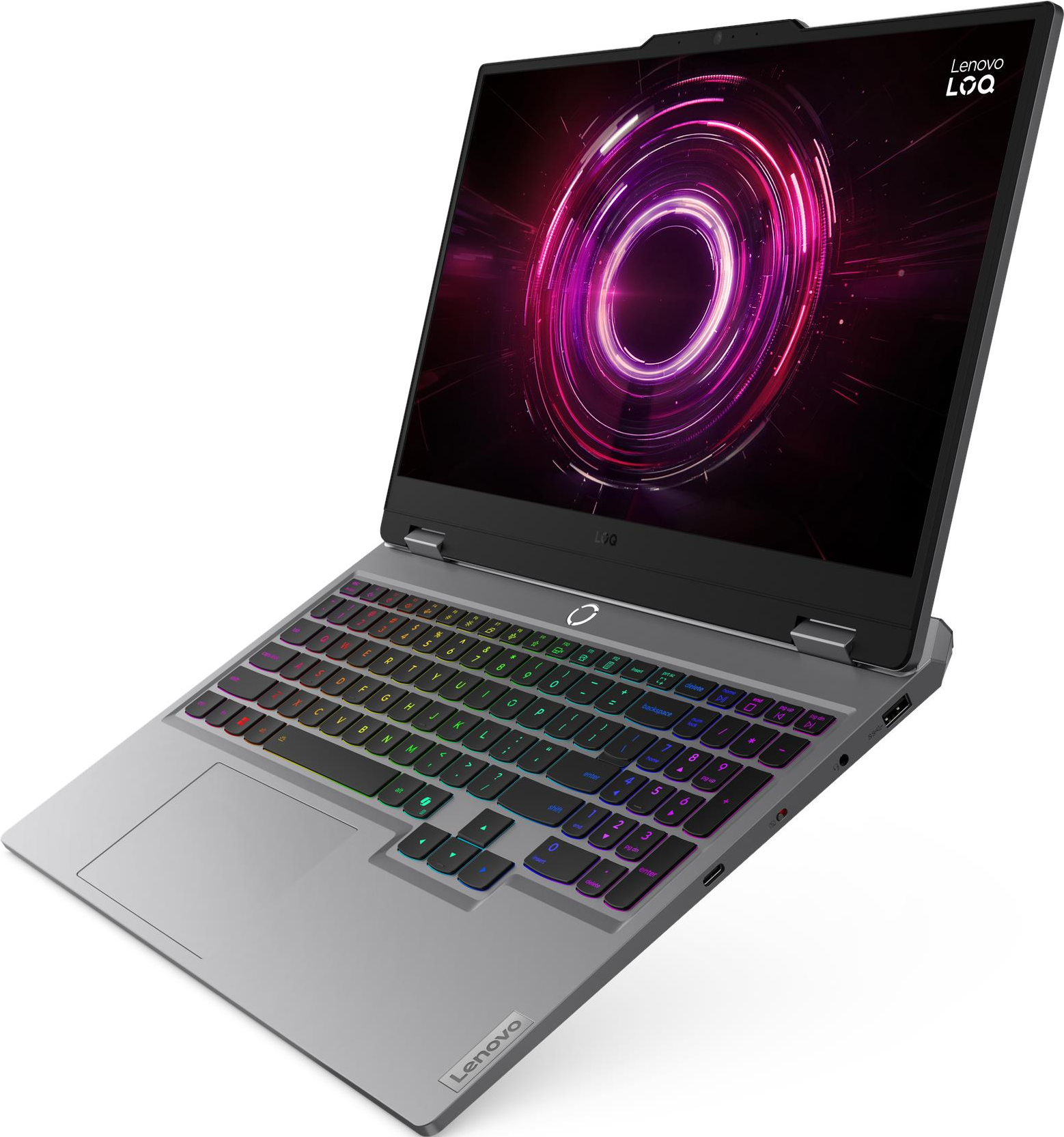 Un ordinateur portable Lenovo LOQ argenté avec clavier rétroéclairé.