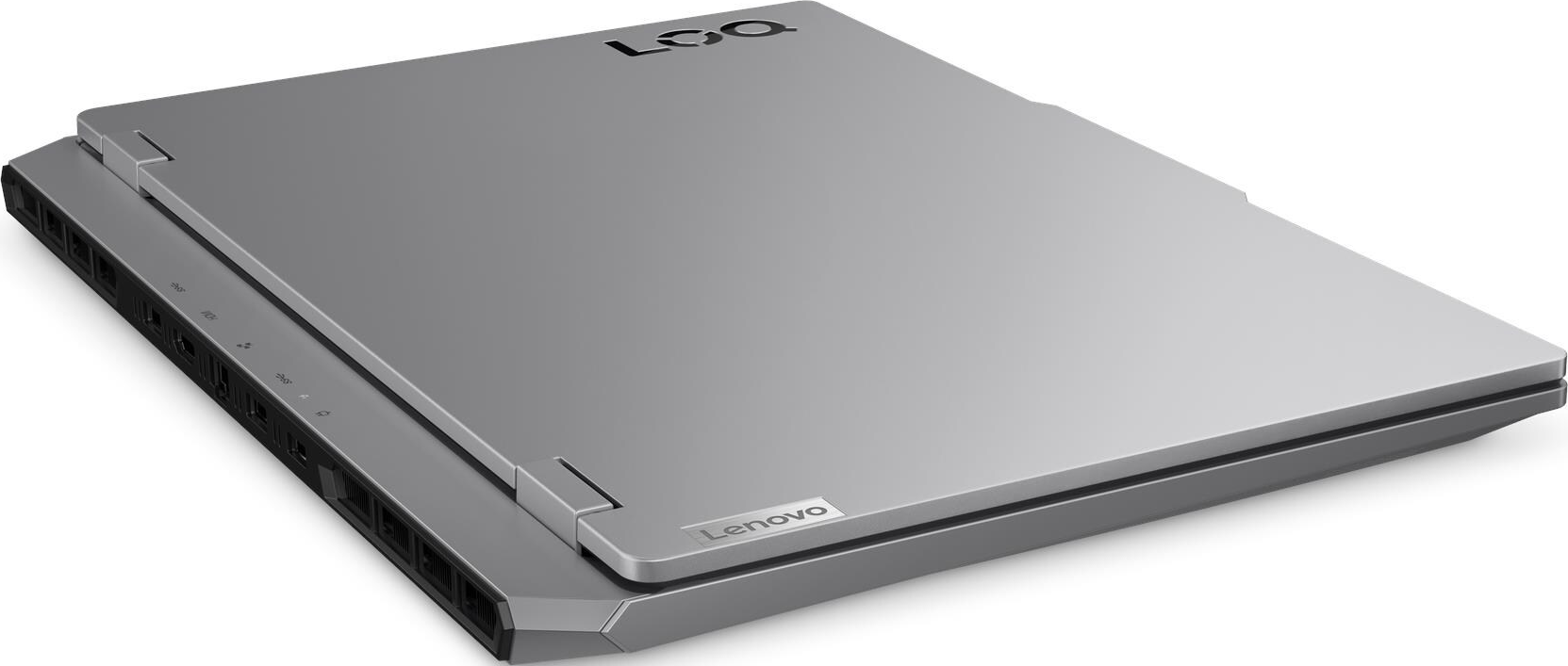 Un ordinateur portable argenté fermé avec les logos "LOQ" et "Lenovo".
