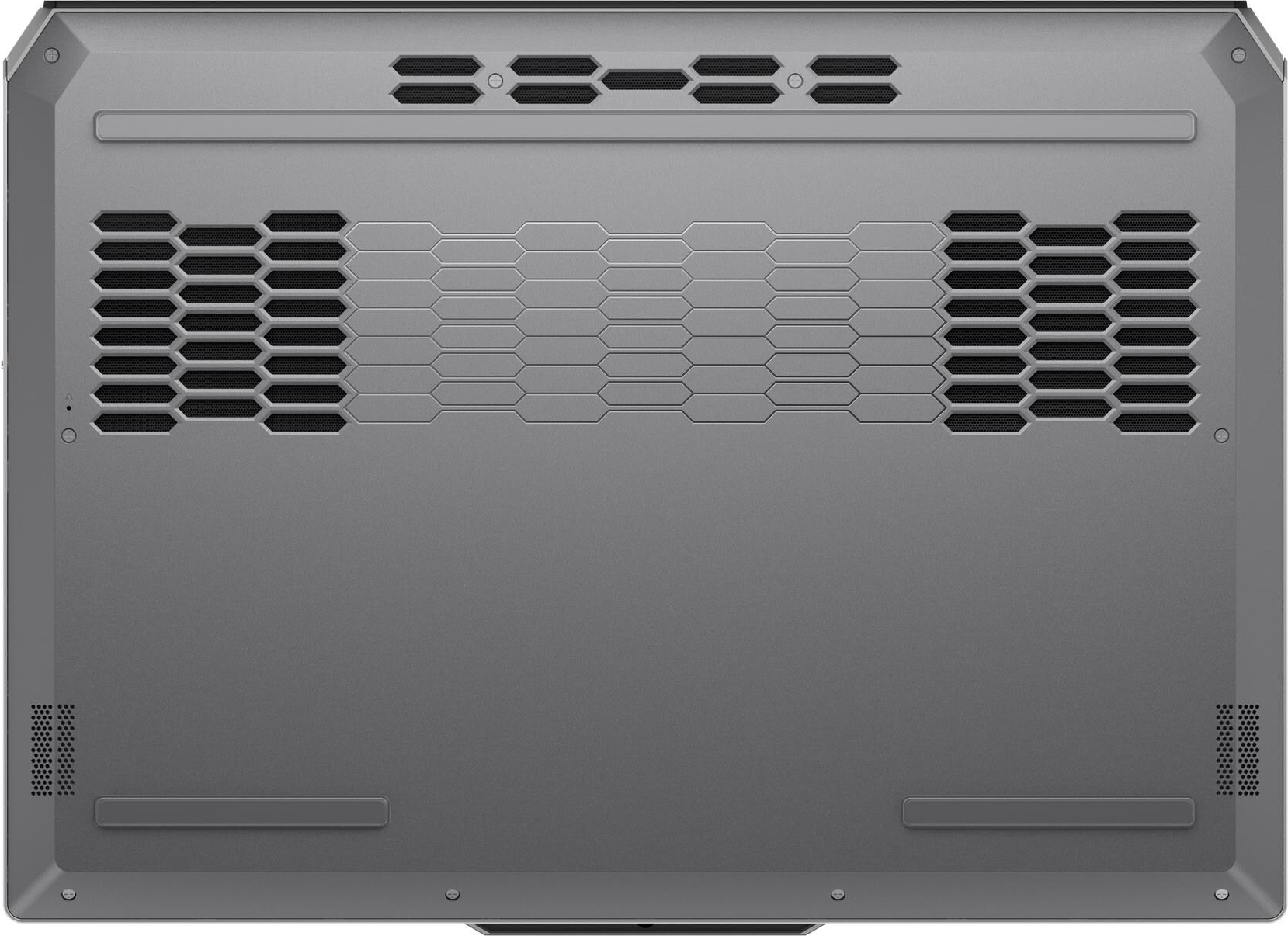 Dessous d'un ordinateur portable gris avec grilles de ventilation et motifs géométriques.