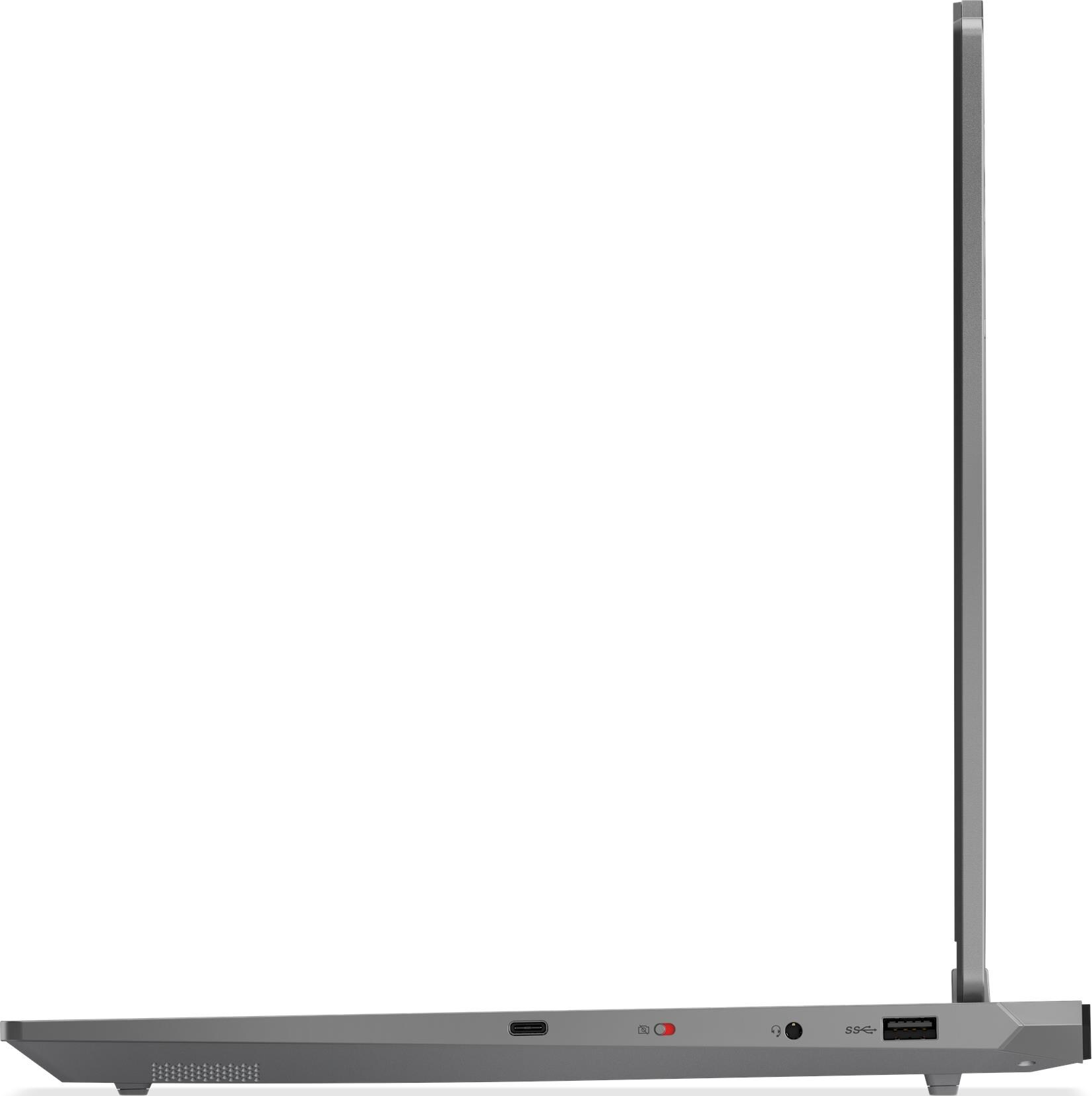 Profil de portable gris avec USB-C, lecteur de carte SD, prise casque et USB-A.