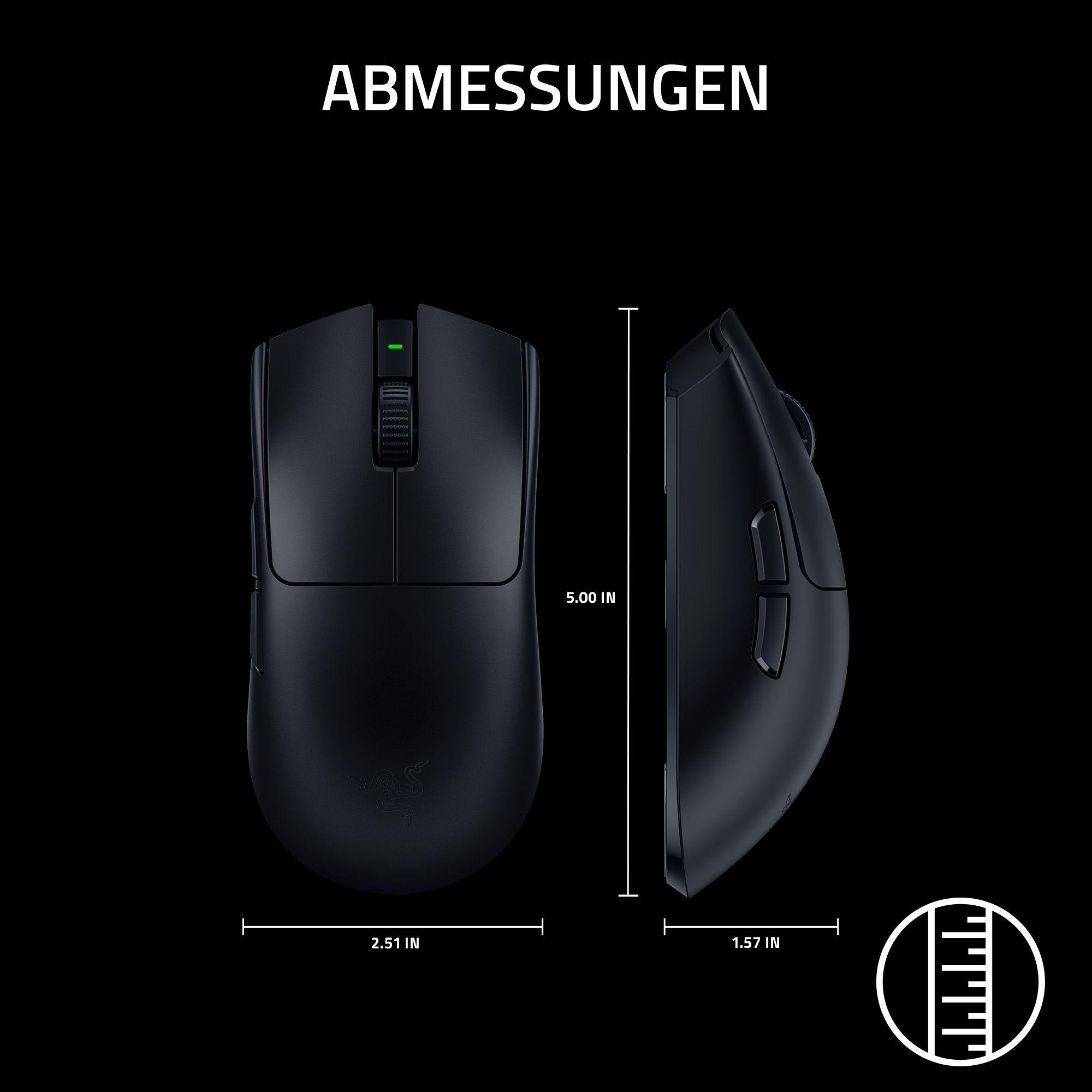 Schwarze Maus mit Abmessungen: 5,00x2,51x1,57 Zoll.
