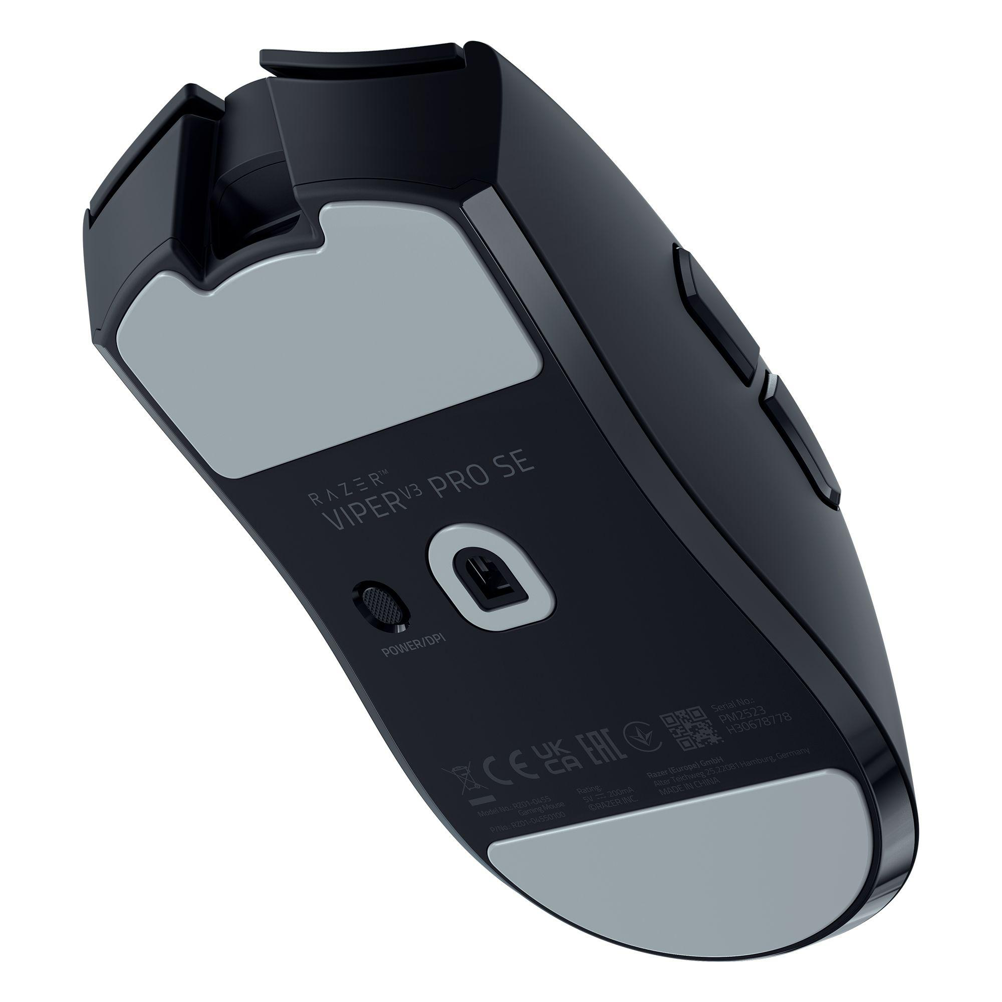 Schwarze Razer Viper V3 Pro SE Maus, Unterseite mit technischen Details und Logos.