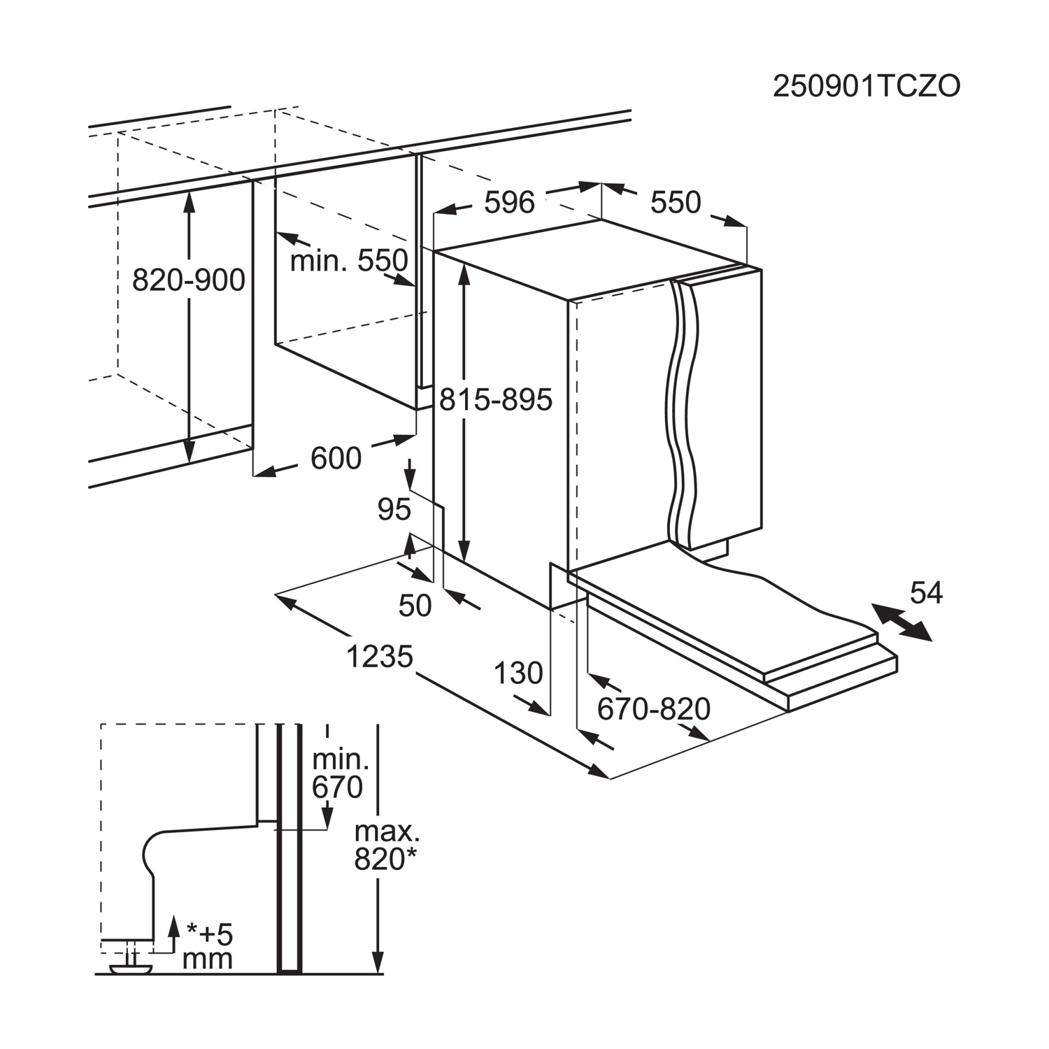 Diagramma che mostra le dimensioni tecniche per l'installazione di un elettrodomestico.
