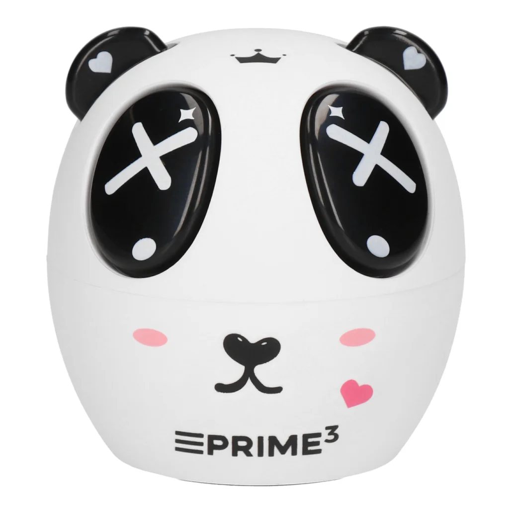 Biały pojemnik panda z czarnymi uszami i krzyżowymi oczami.