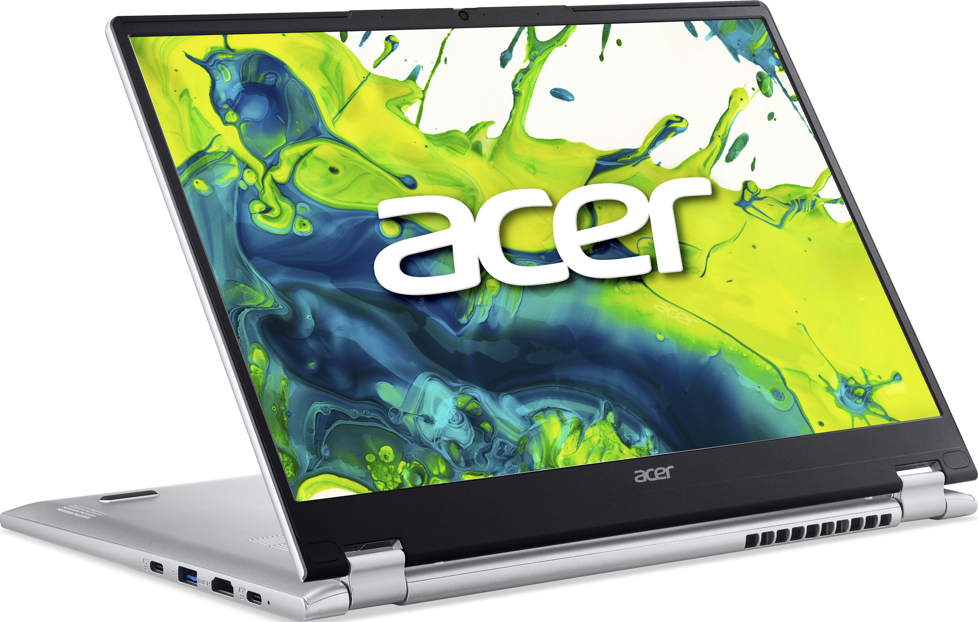 Ein silberner Acer Laptop mit geöffnetem Bildschirm, der ein buntes Splash-Art-Design zeigt.