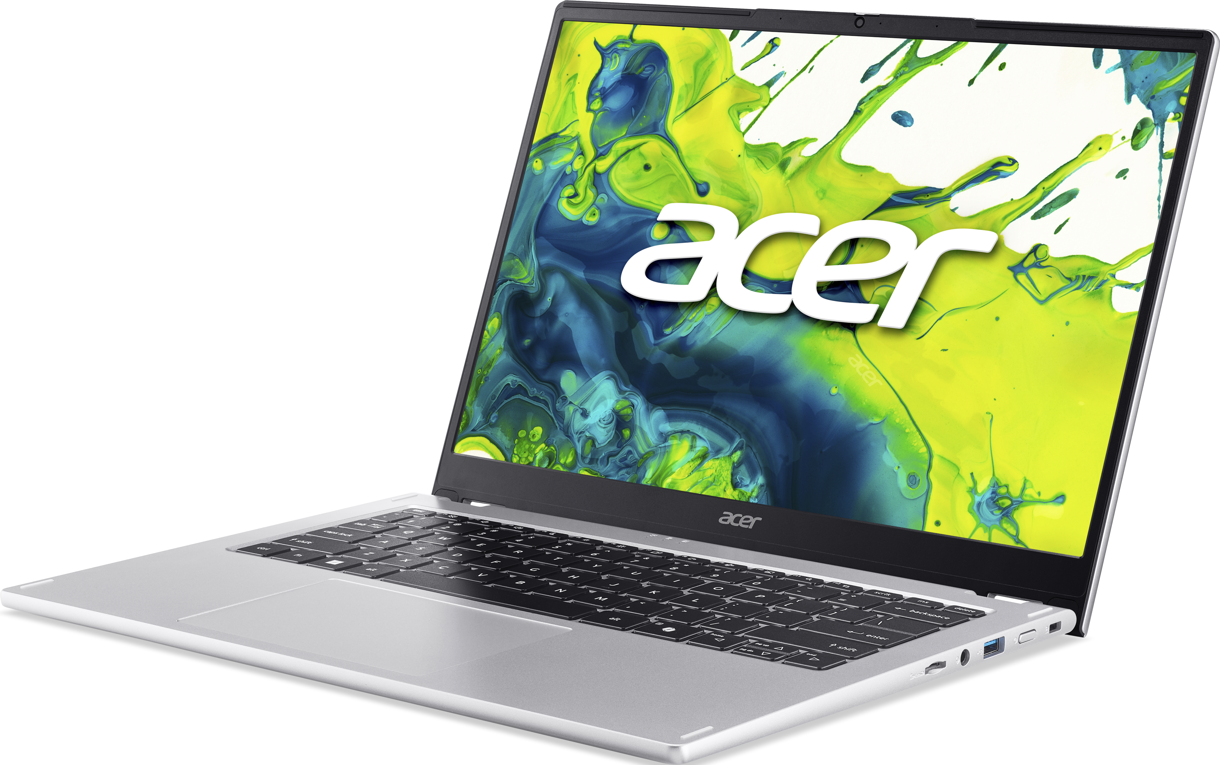 Ein silberner Acer Laptop mit einem bunten Hintergrundbild auf dem Bildschirm.