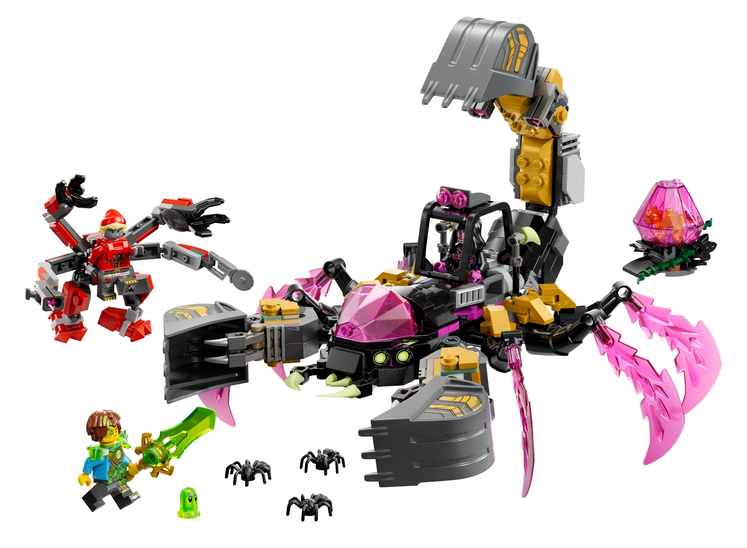 Zabawka Lego z robotem skorpionem, czerwonym robotem pająkiem, postacią i pająkami.