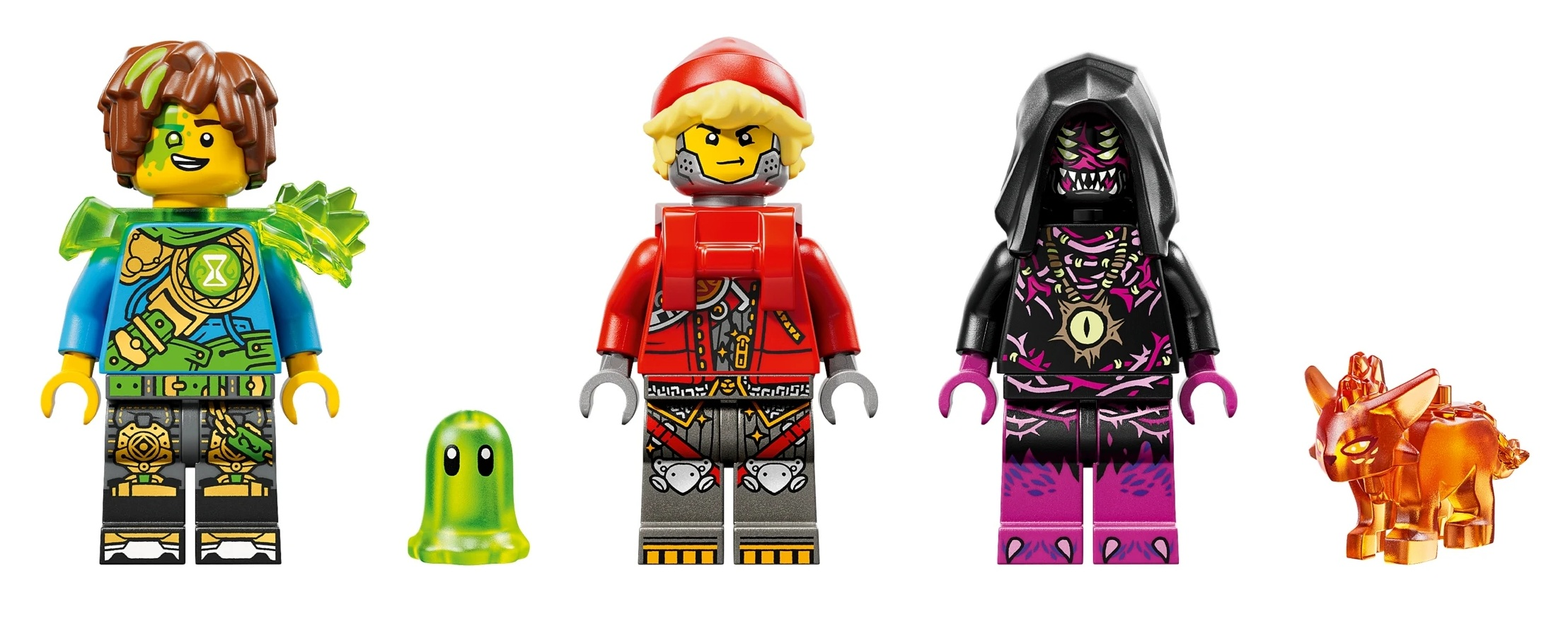 Cztery figurki Lego: zielony duch, niebiesko-zielony ninja, czerwono-szara osoba, czarno-fioletowa postać z kapturem i pomarańczowe stworzenie.