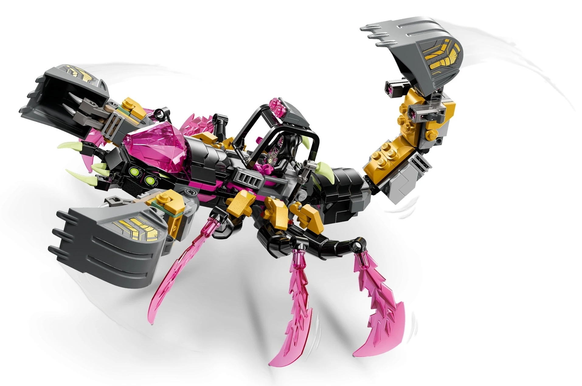 Czarno-złoty robot skorpion z różowymi kryształami i pazurami łopatowymi.