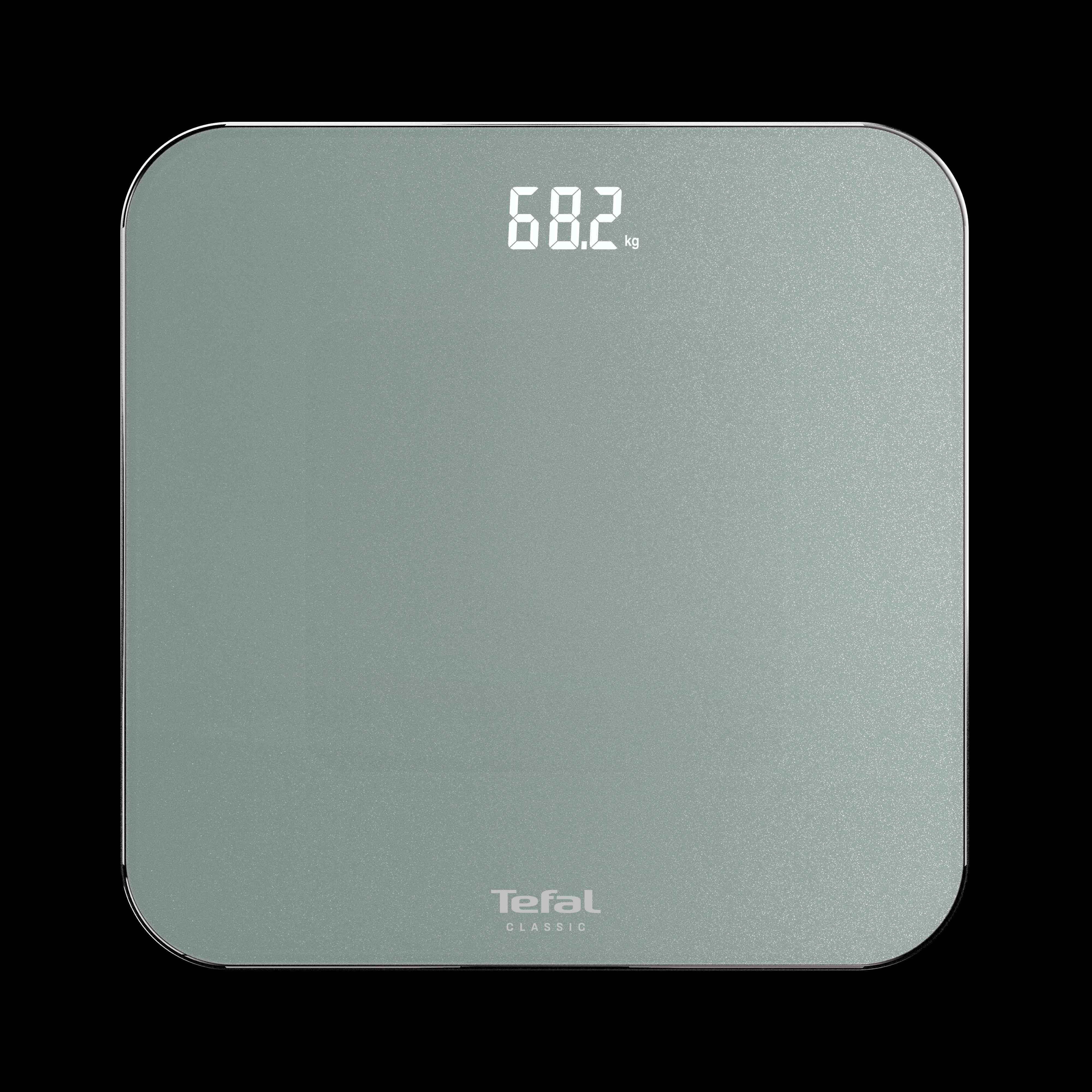 Gri dijital tartı 68,2 kg gösteriyor, Tefal logosu var.