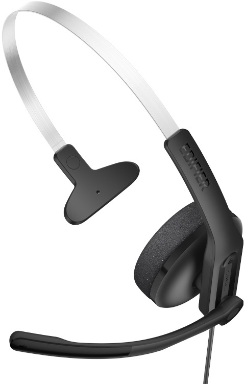 Fekete headset mikrofonkarral és fülpárnával. Az agy pánt ezüst színű.