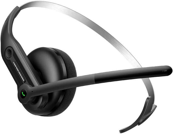 Fekete headset mikrofonkarral és ezüst fejpánttal.