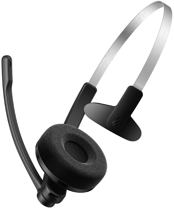 Fekete vezeték nélküli headset mikrofonnal és fülpárnával fehér háttéren.