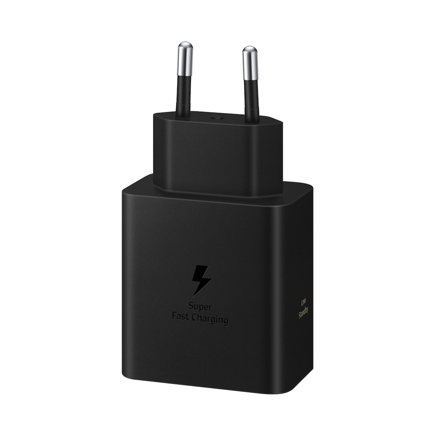 Adattatore di alimentazione nero Super Fast Charging con due pin argentati.