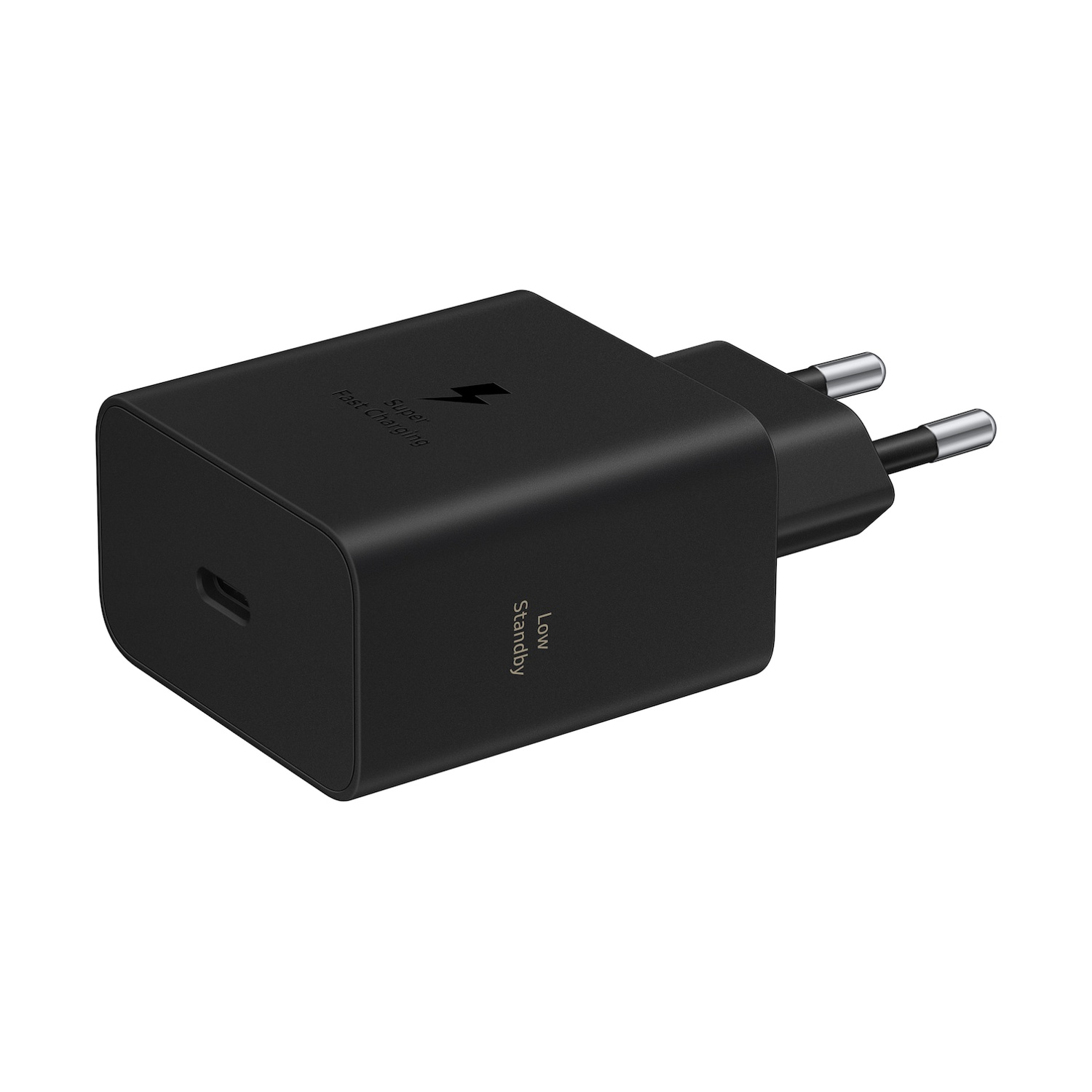 Spina nera di ricarica rapida USB-C con due pin argentati.